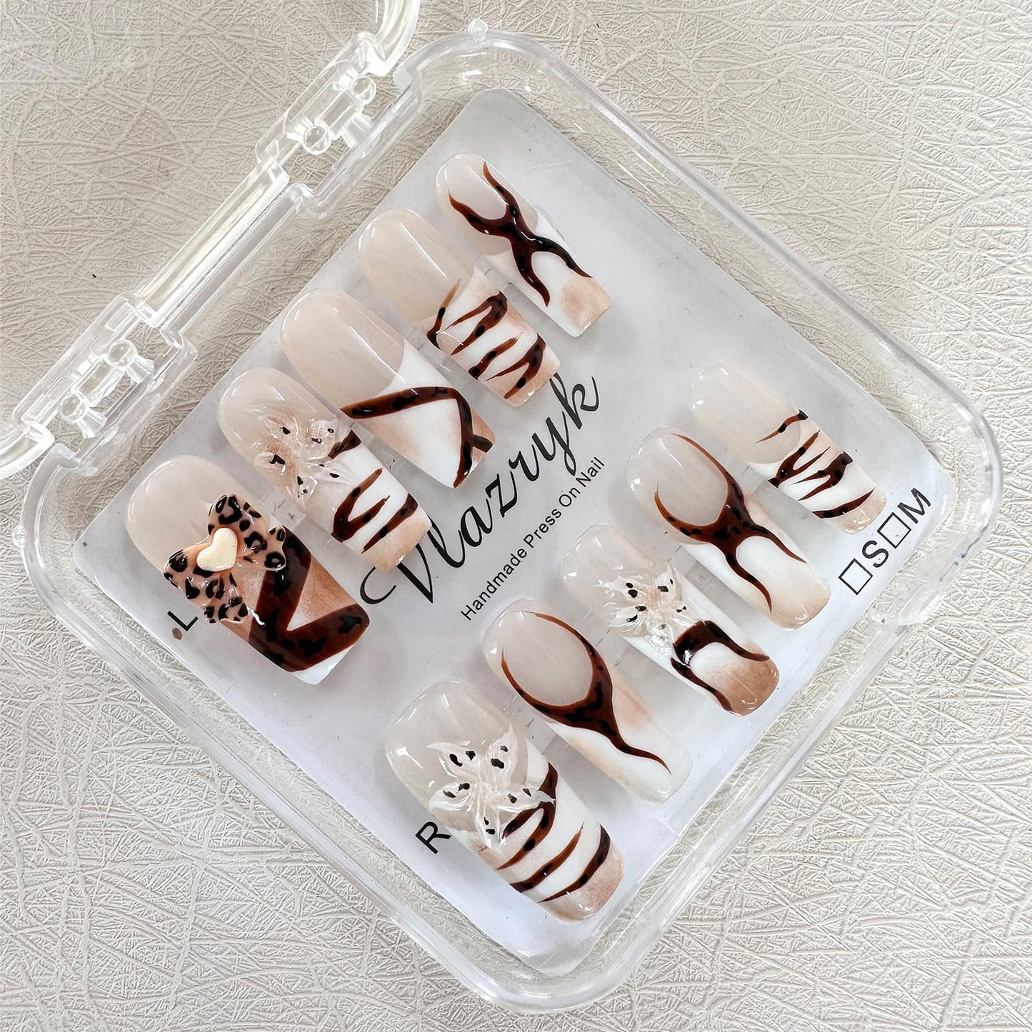 Handmade Press on Nails with Charms - Long Square French False Nails, Stars, Leopard, 3D Flower Embossed Designs for Women & Girls, Nail Kit S SIZE