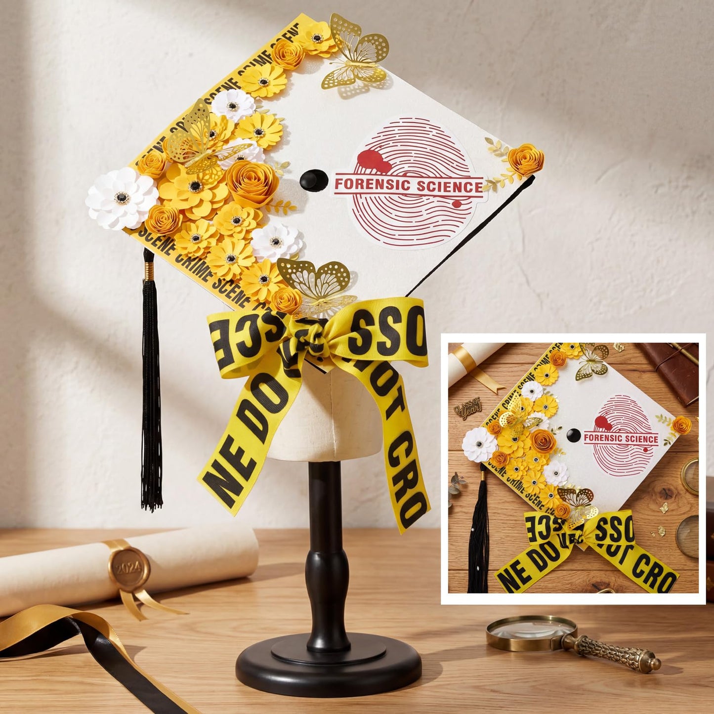 Gersoniel Criminal Justice Graduation Decorations Glitter Grad Cap Topper Graduation DIY Accessory Kit Included Paper Flowers Crime Scene Printed Bow Scale Sticker for Hat(Stylish)