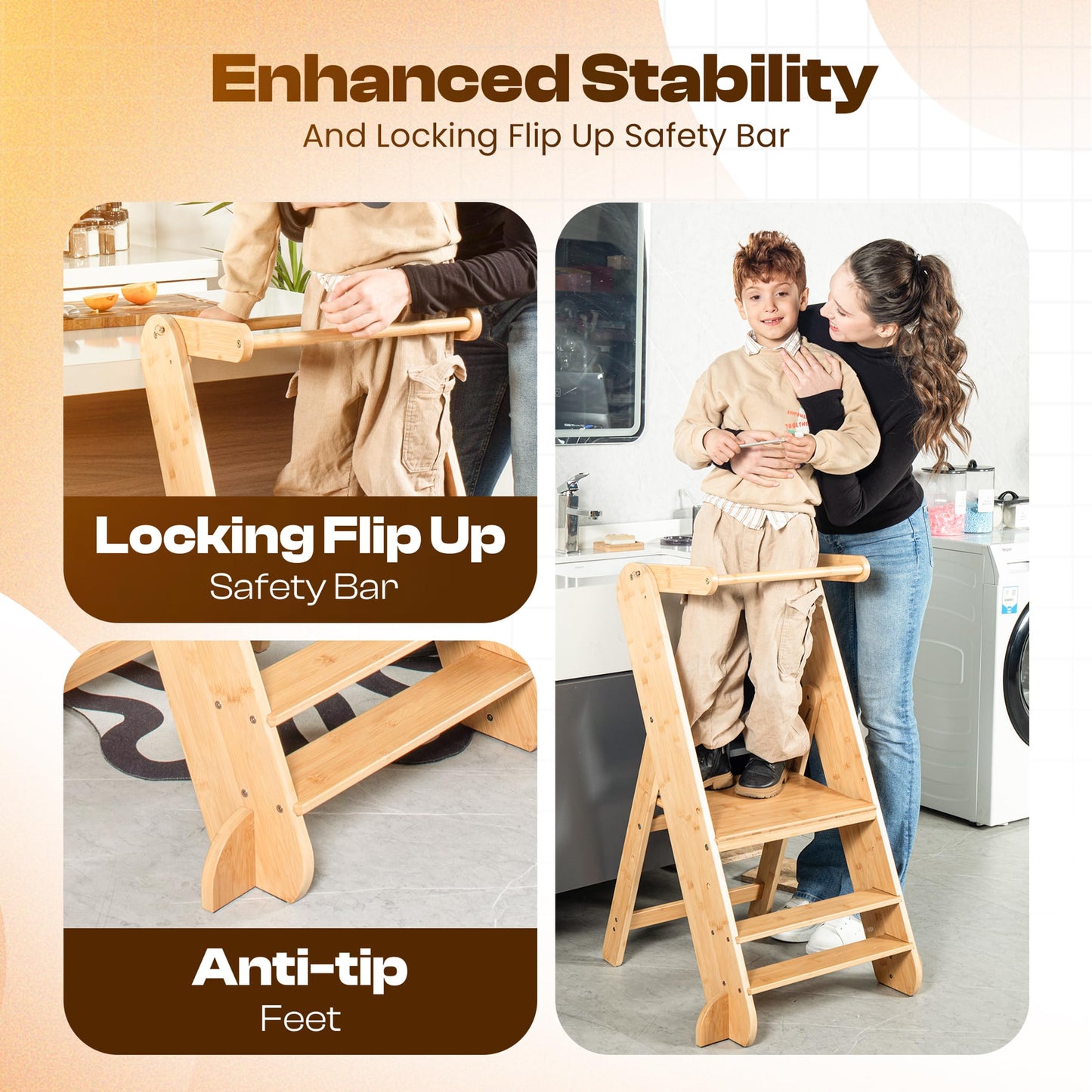 Adjustable Folding Toddler Tower, 3 Level Height Adjustable, Montessori Learning Stool, Kids Standing Tower for Kitchen and Bathroom.