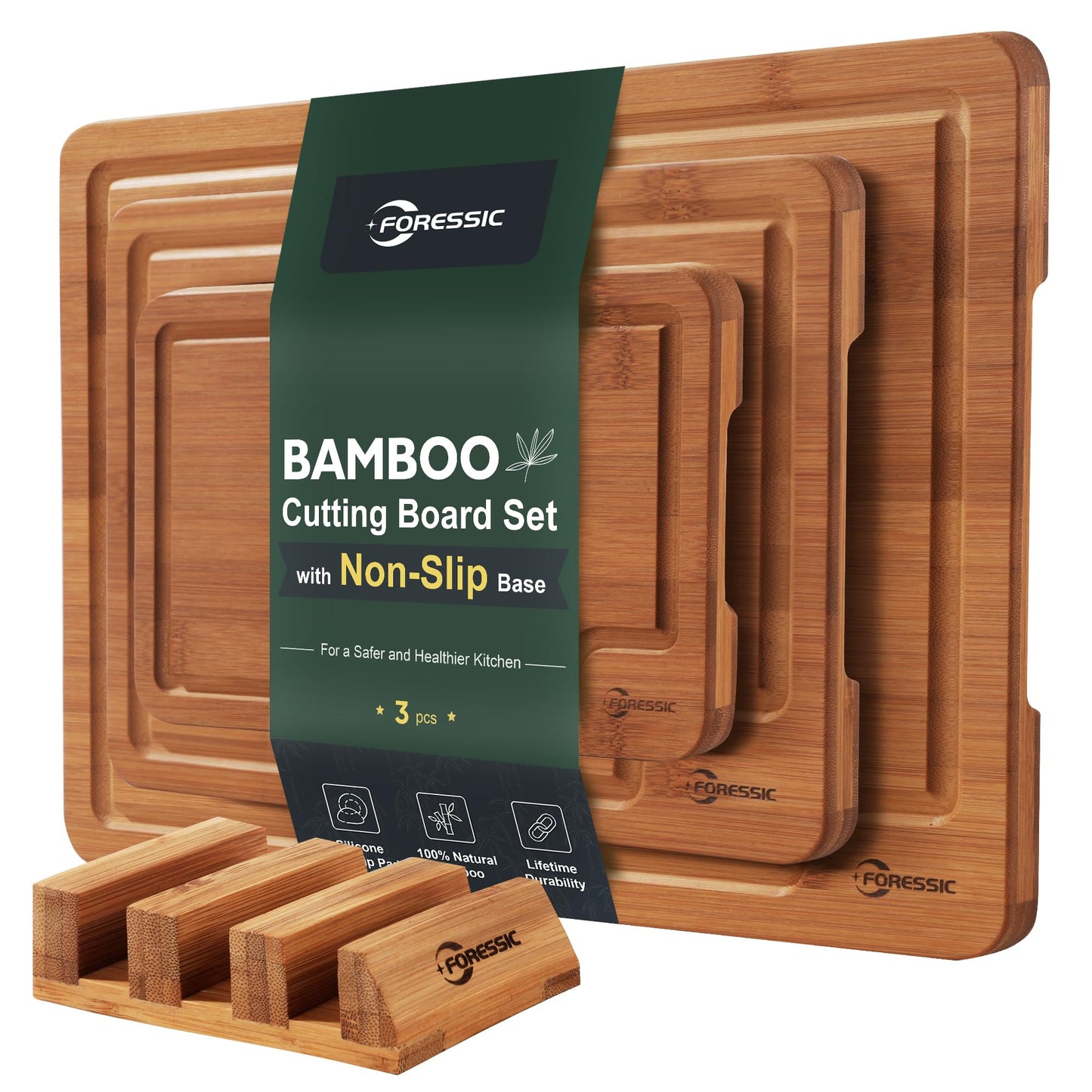 Bamboo Cutting Board, Non Slip Wood Cutting Boards for Kitchen 3 Packs Holder and Over Sink Nice Solid Thick Durable Cutting Boards for Kitchen Large Small Vegetables Fruits Kitchen Gifts (Carbonized)