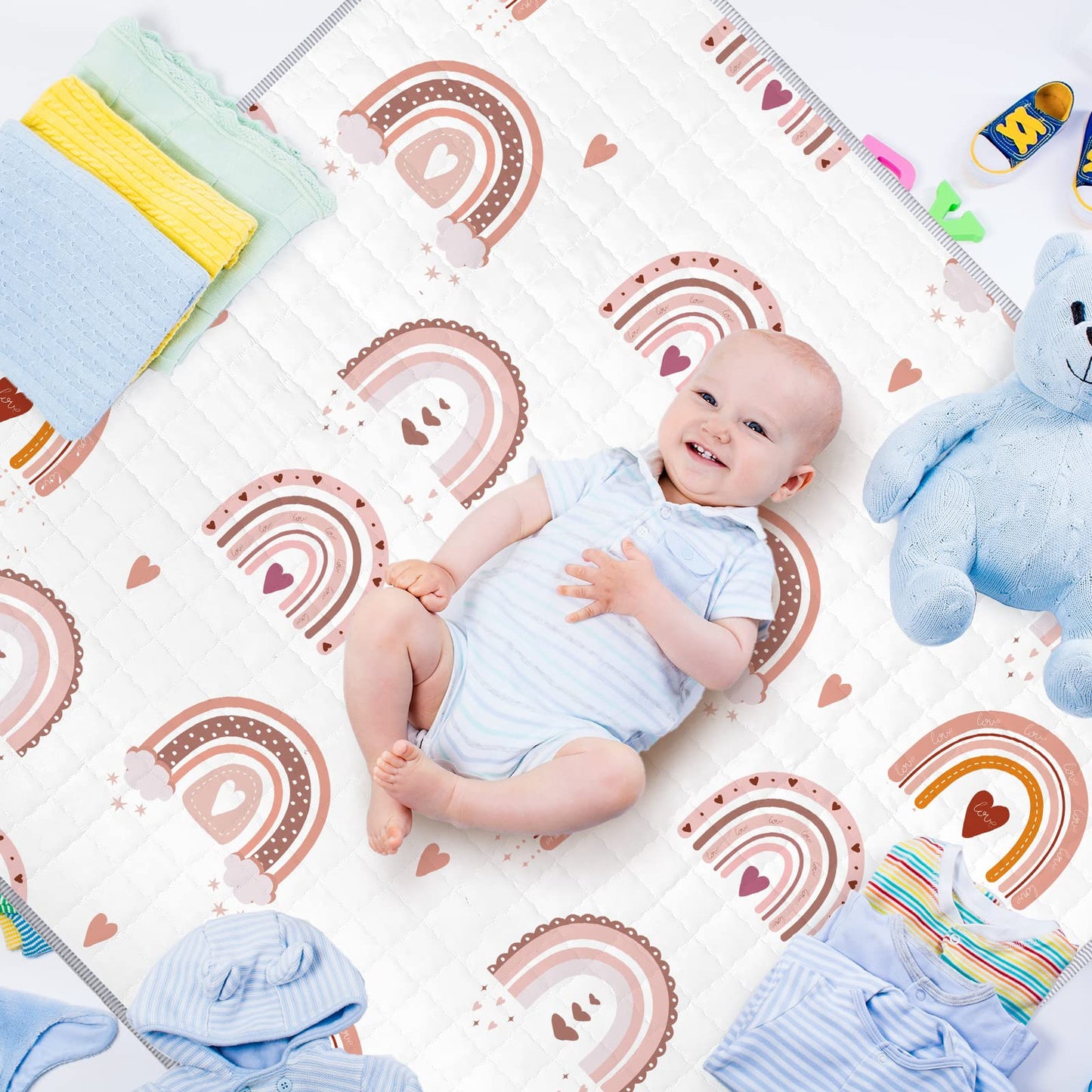 Funtery 43 x 43 Inch Boho Baby Play Mat Portable Crawling Washable Foldable Tummy Time Non Slip Baby Floor Large Playpen Mat for Infants Toddlers Floor Playpen Activity(Boho Rainbow)