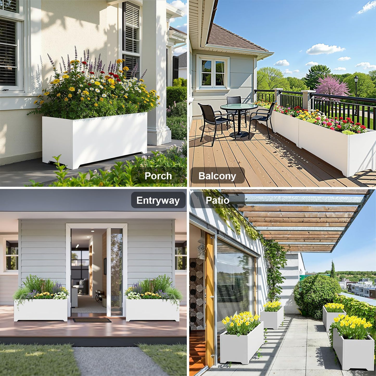 36" White Rectangular Planter, 36x15x15 Inch Large Metal Flower Box with 6 Drainage Holes, Raised Bottom, Galvanized Outdoor Planter for Patio Garden Deck, Heavy Duty Planter for Vegetables Shrubs