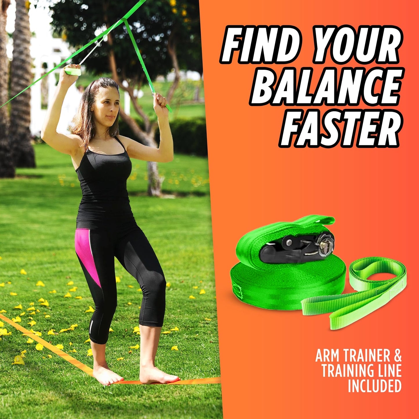 Complete Slackline Kit with Training Line - 60ft Slack Lines for Backyard for Kids and Adults, Wider Tree Protectors - Ninja Slackline Kit for Kids Outdoor Play Equipment (Complete Kit - Orange)