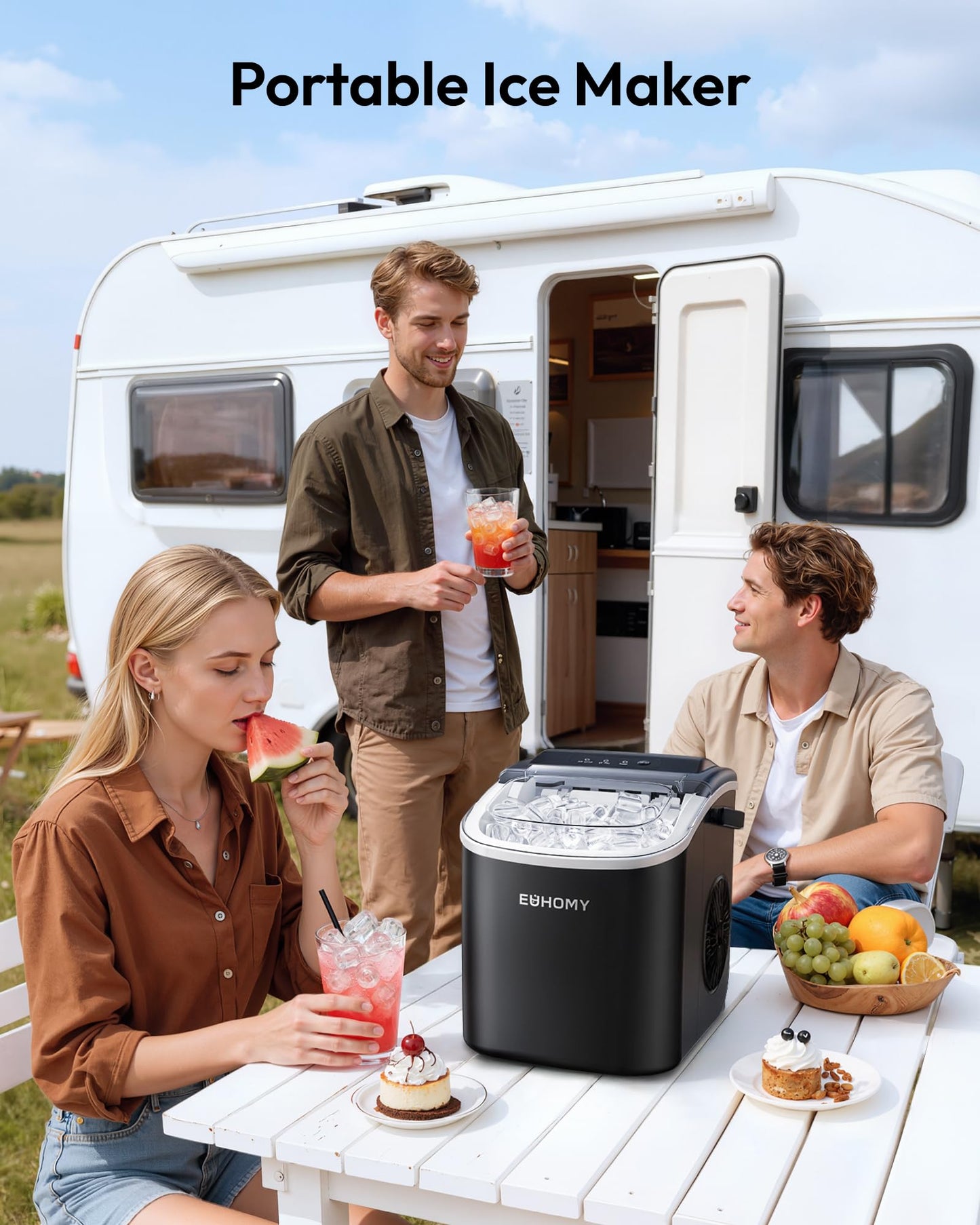 EUHOMY Countertop Ice Maker Machine with Handle, 26lbs in 24Hrs, 9 Ice Cubes Ready in 6 Mins, Auto-Cleaning Portable Ice Maker with Basket and Scoop, for Home/Kitchen/Camping/RV. (Black)