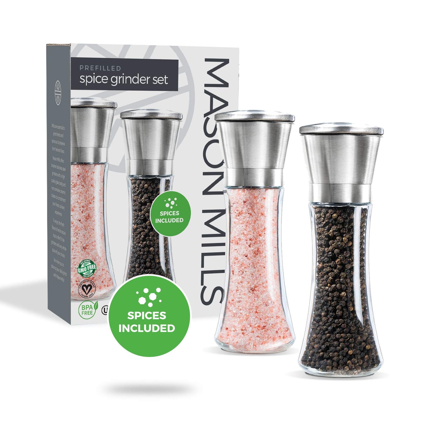 Prefilled Stainless Steel Salt and Pepper Grinder Two Piece Set - Includes Himalayan Salt and Quality Black Pepper - Glass and Stainless Steel Mill - Large Capacity Shakers - Top Loading By Mason Mil