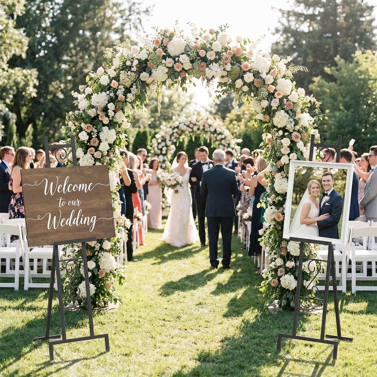 58" Easel Display Stand, 2 Pack Black Easel Stand for Wedding Poster Board Stands for Display Lightweight Floor Easels for Painting Welcome Sign Holder with Adjustable Chain