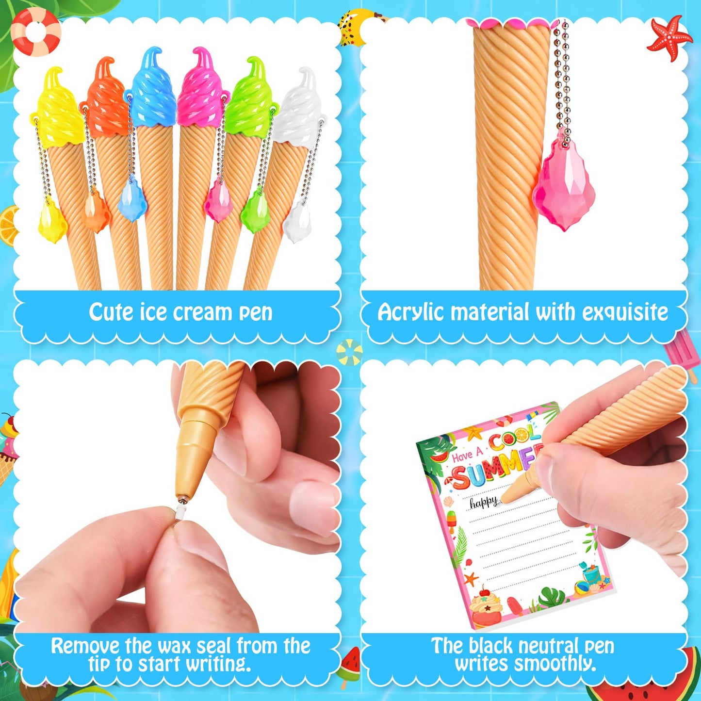 SZCECHRE 36 Pack School End Of Year Surprise Gift Sets, Ice Cream Pens Summer Sticky Notes Kit with Gift Bags & Ribbon for Pool Beach Birthday Class Parties & Student Gifts