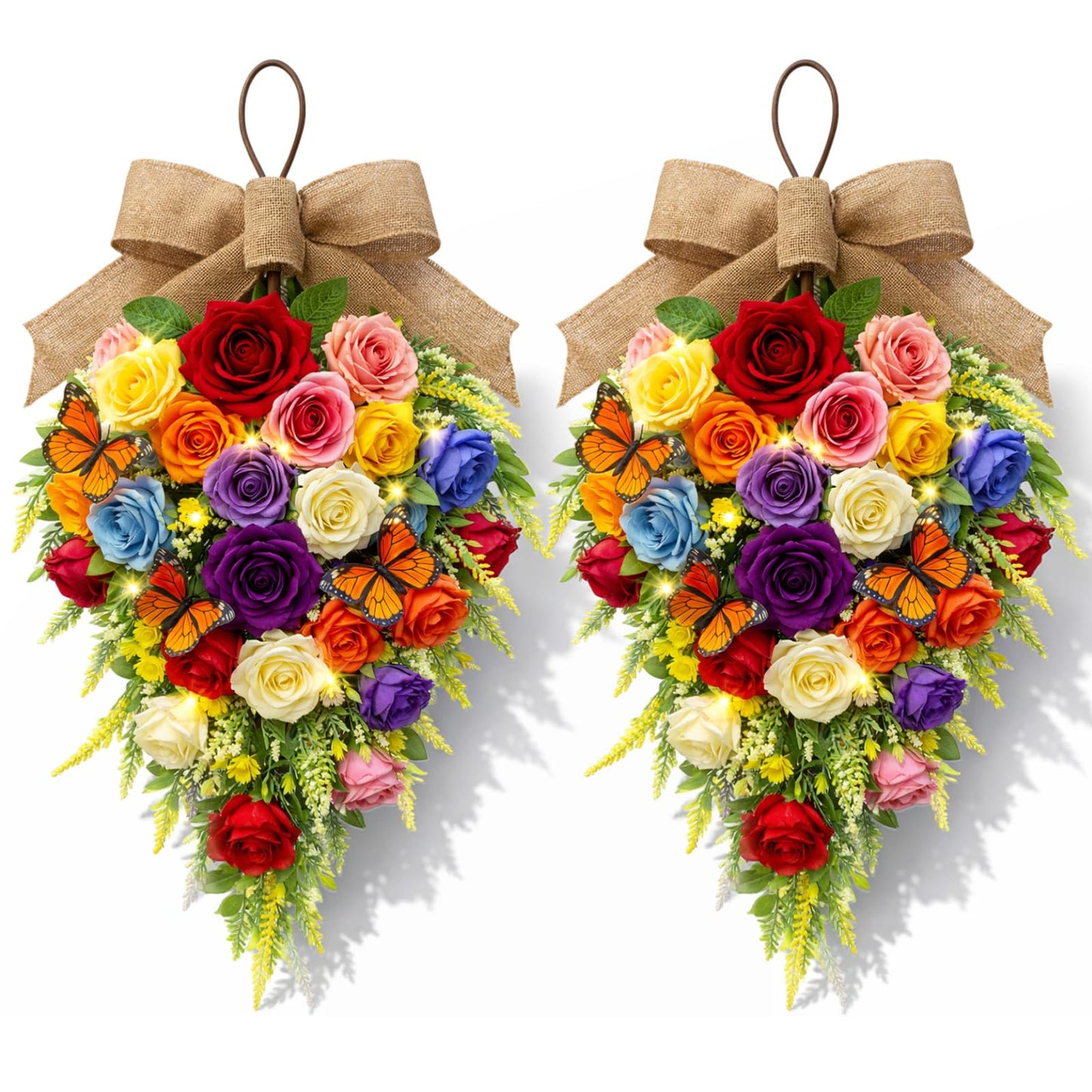 Norme 2 Pack Spring Teardrop Swag Pre-Lit, 23.6" Artificial Rose Teardrop Wreath for Front Door with Burlap Bow Butterflies for Porch Wall Window Stair