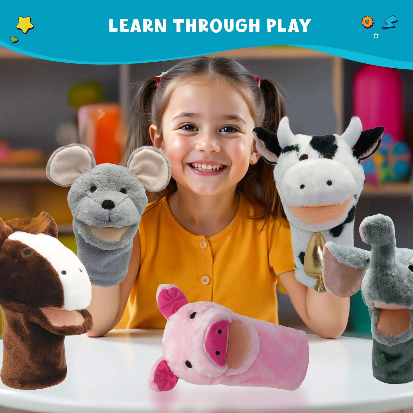 Get Ready Kids BigMouth Animal Hand Puppets – Set of 10 Plush Toy for Toddlers 1-3 & Kids Ages 4-8 | Includes Monkey, Tiger, Pig, Lion, Cow & More | Soft Animal Puppets for Learning & Fun