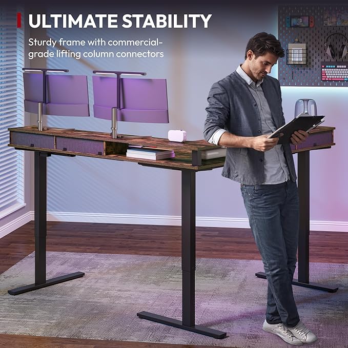 SANODESK 71" L Shaped Standing Desk with 4 Drawers, Height Adjustable Stand up Desk, Corner Gaming Desk with Monitor Stand, Black Frame/Rustic Brown Top