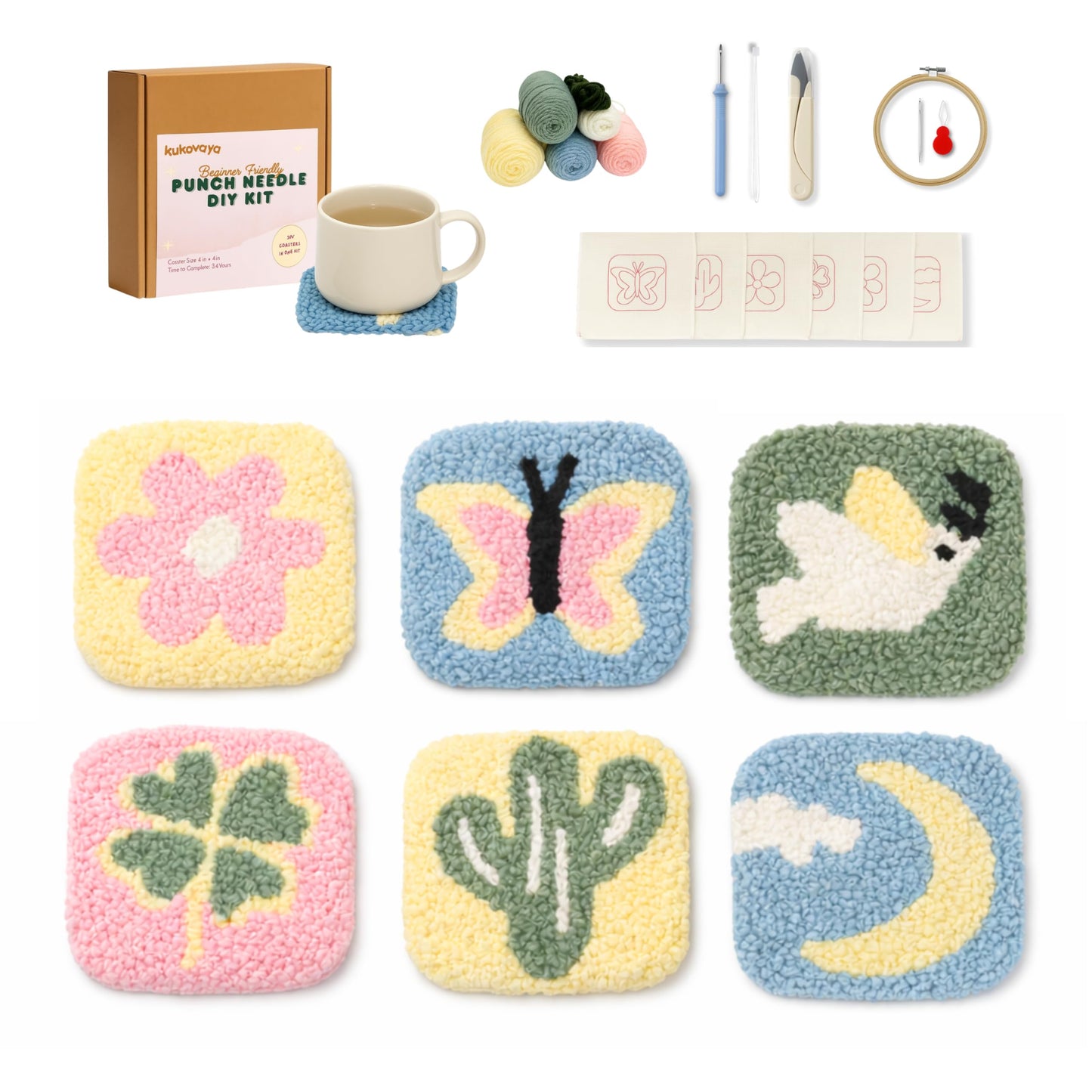 Kukovaya Punch Needle Kit for Beginners & Adults – Complete DIY Embroidery 6-Coaster Kit with Printed Fabric, Yarn, Needle, Hoop & Guide – Easy Craft Kit for Home Décor, Gifts & Stress Relief