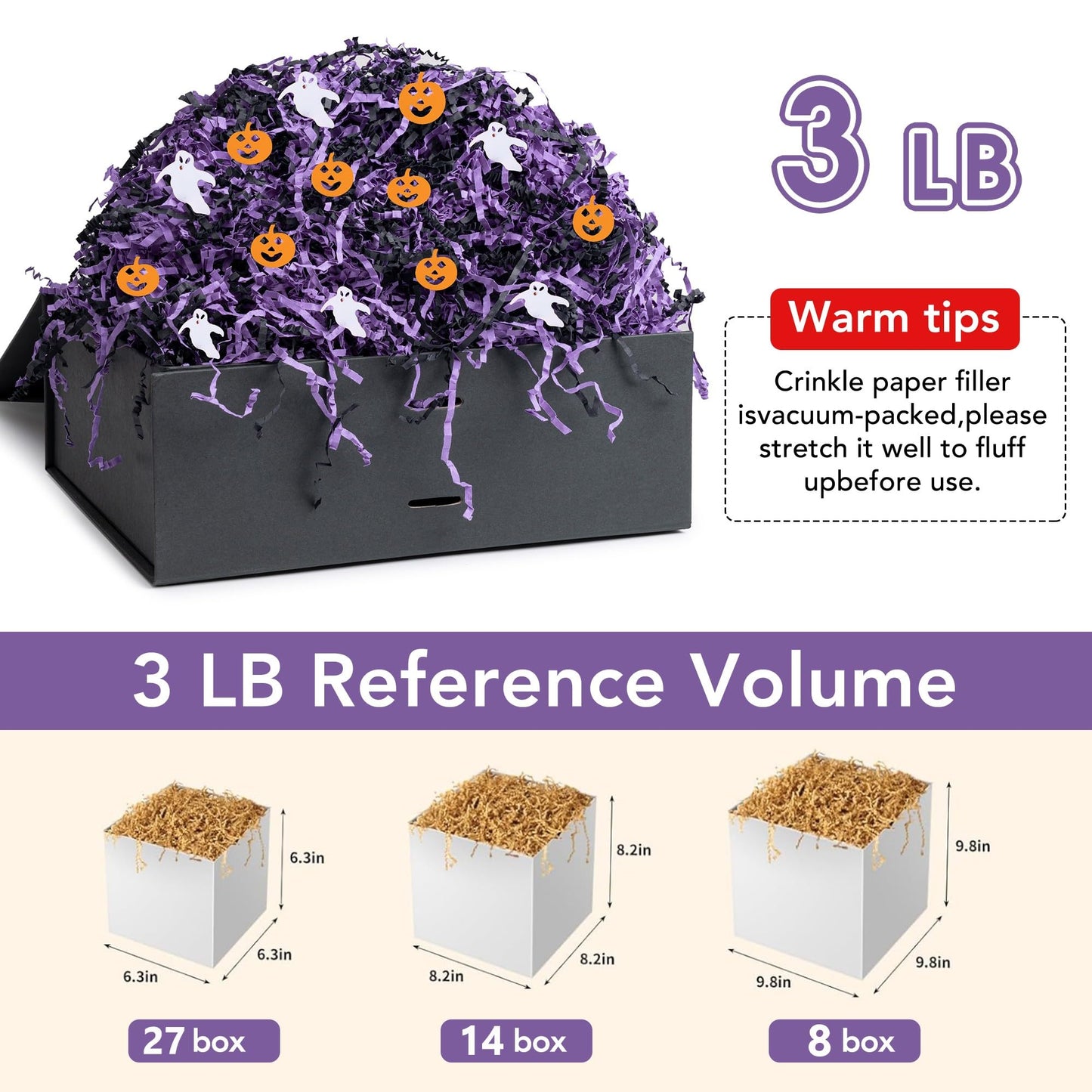 SWANGSA 3 LB Black Purple Halloween Crinkle Cut Paper Shred Filler with Pumpkins & Ghosts Confetti for Gift Baskets, Shreded Stuffing, Packing Grass Cushion Paper Streamer for Halloween, Birthday Gift