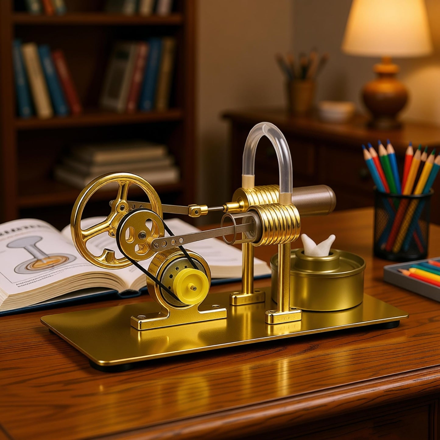 Xnrmevkh Hot Air Stirling Engine Motor Colorful LED Light Sterling Generator Model Golden