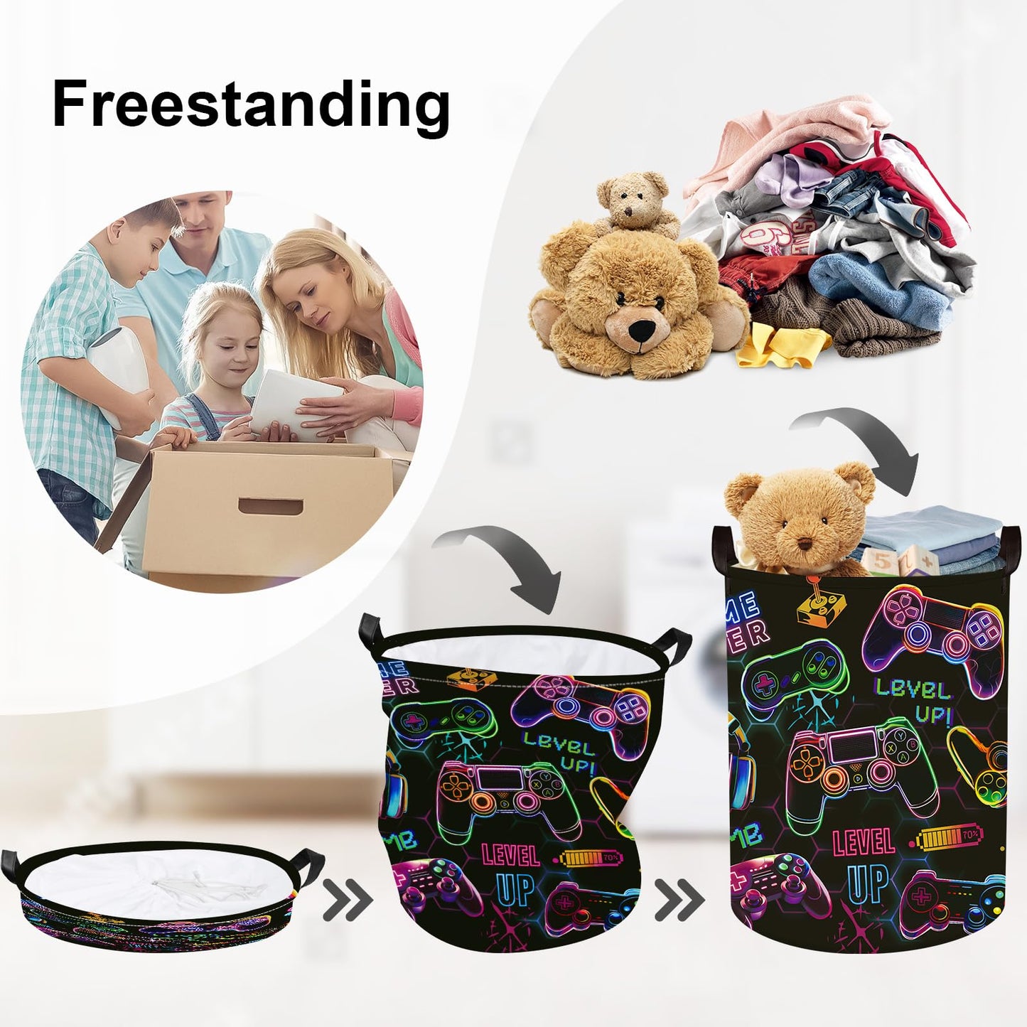 HUUMONSS Gaming Laundry Hamper Game Controller Console Large Storage Basket Collapsible Parents Organizer Boys Clothes Toy Bins for Bedroom, Bathroom, Black, 63L