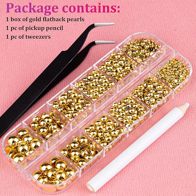 Belleboost Gold Nail Charms and Gems, Half Round Flatback Pearl Nail Charms, Nail Pearls Rhinestones Kit Gold Beads for Nails with Pickup Pencil and Tweezer for DIY Nail Art, Face Makeup and Crafting