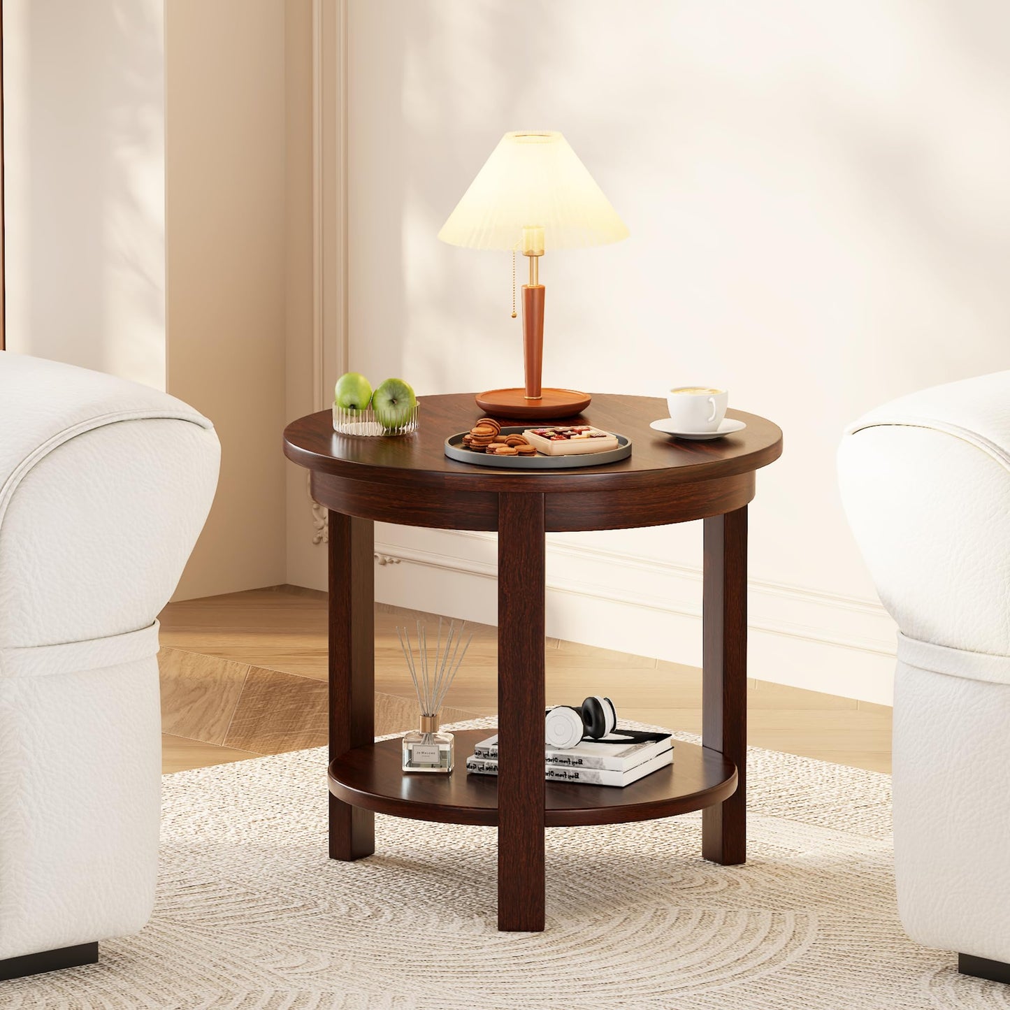Solid Wood Round End Table with Storage Shelf, 22" W x 20" H, Mid Century Modern Wooden Coffee/End/Side Table for Bedroom Living Room, Walnut