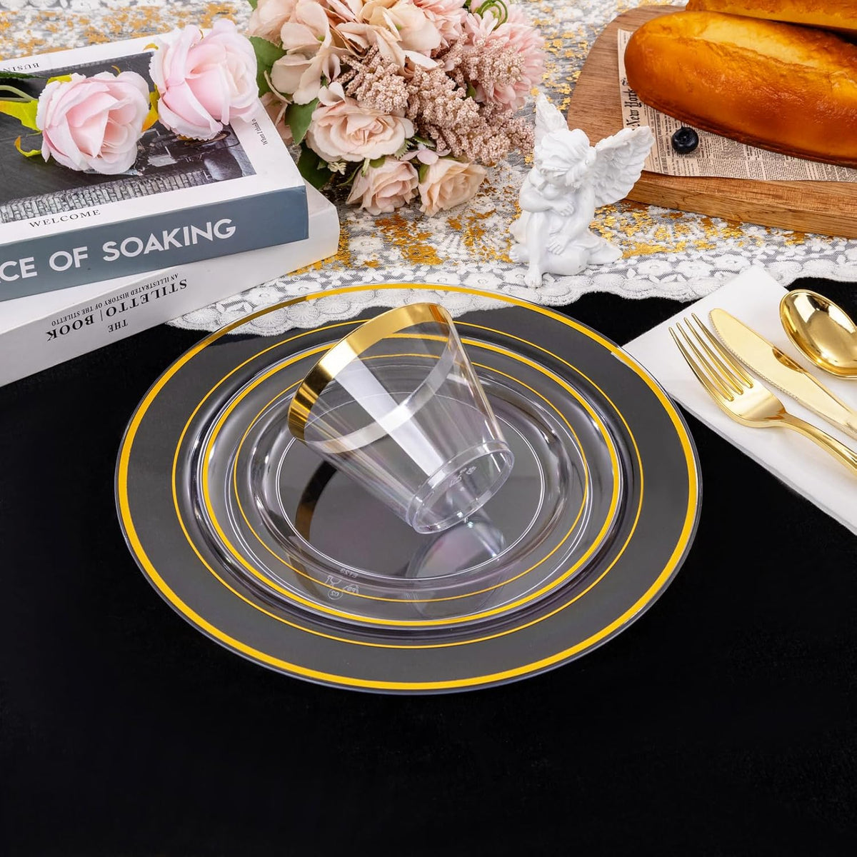 I00000 50 Guests Clear Gold Plastic Plates, Gold Disposable Dinnerware Set Includes: 100 Plastic Plates, 50 Silverware Set, 50 Disposable Cups, 50 Napkins Perfect for Party & Wedding