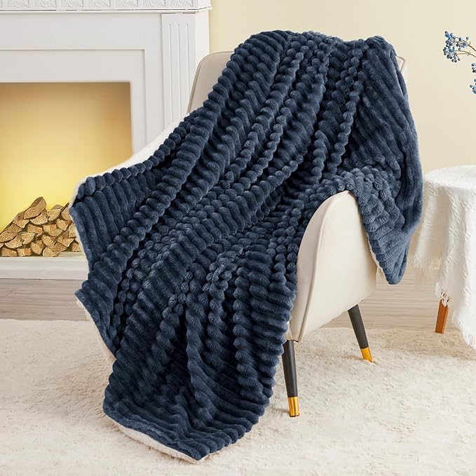 INFIIXSO Sherpa Throw Blanket for Couch - Super Soft & Warm Striped Fleece Blanket, Cozy Plush Fluffy Blanket All Season Use (Navy Blue, 50x60 Inches)