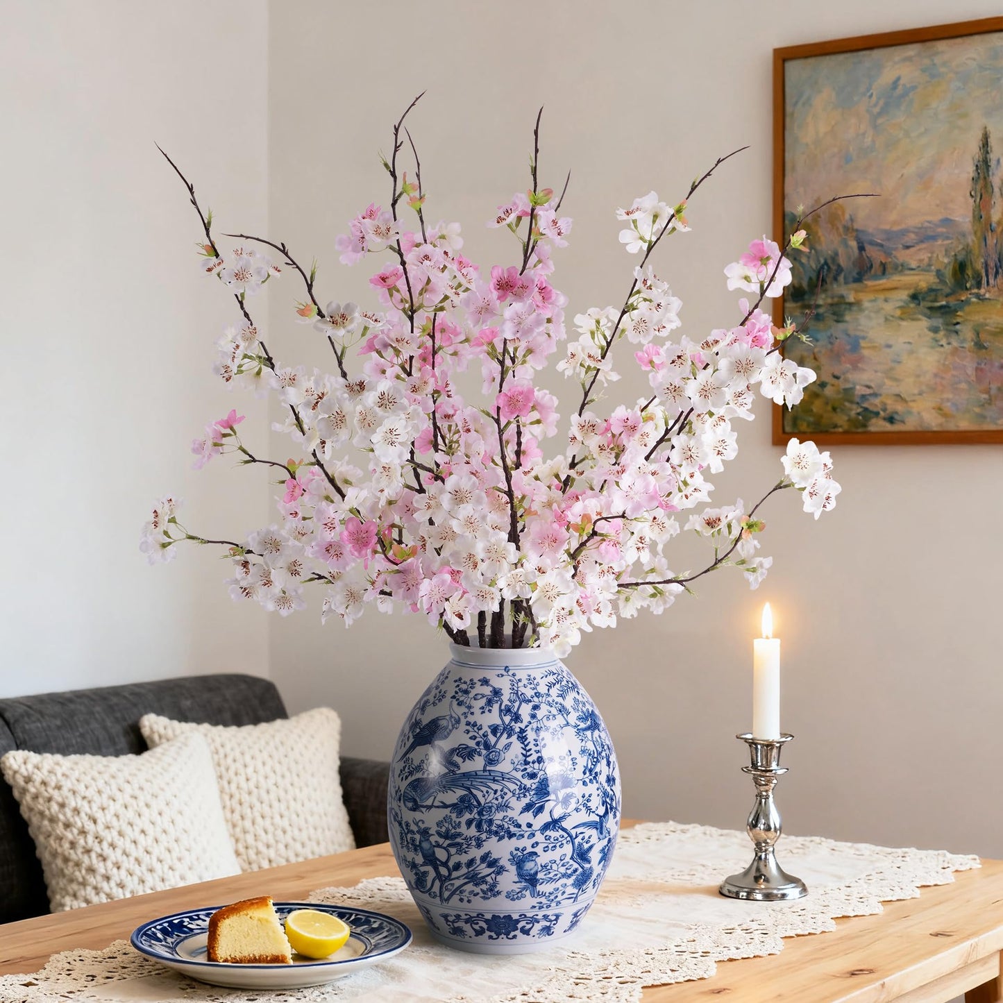 ENALGRE Artificial Cherry Blossom Branches 27.6In Silk Cherry Blossom Branches Long Stem Artificial Flowers for Tall Vase, for Home Decor, Weddings Decor, Parties & Festival Gifts 8PCS ，Pinkish White