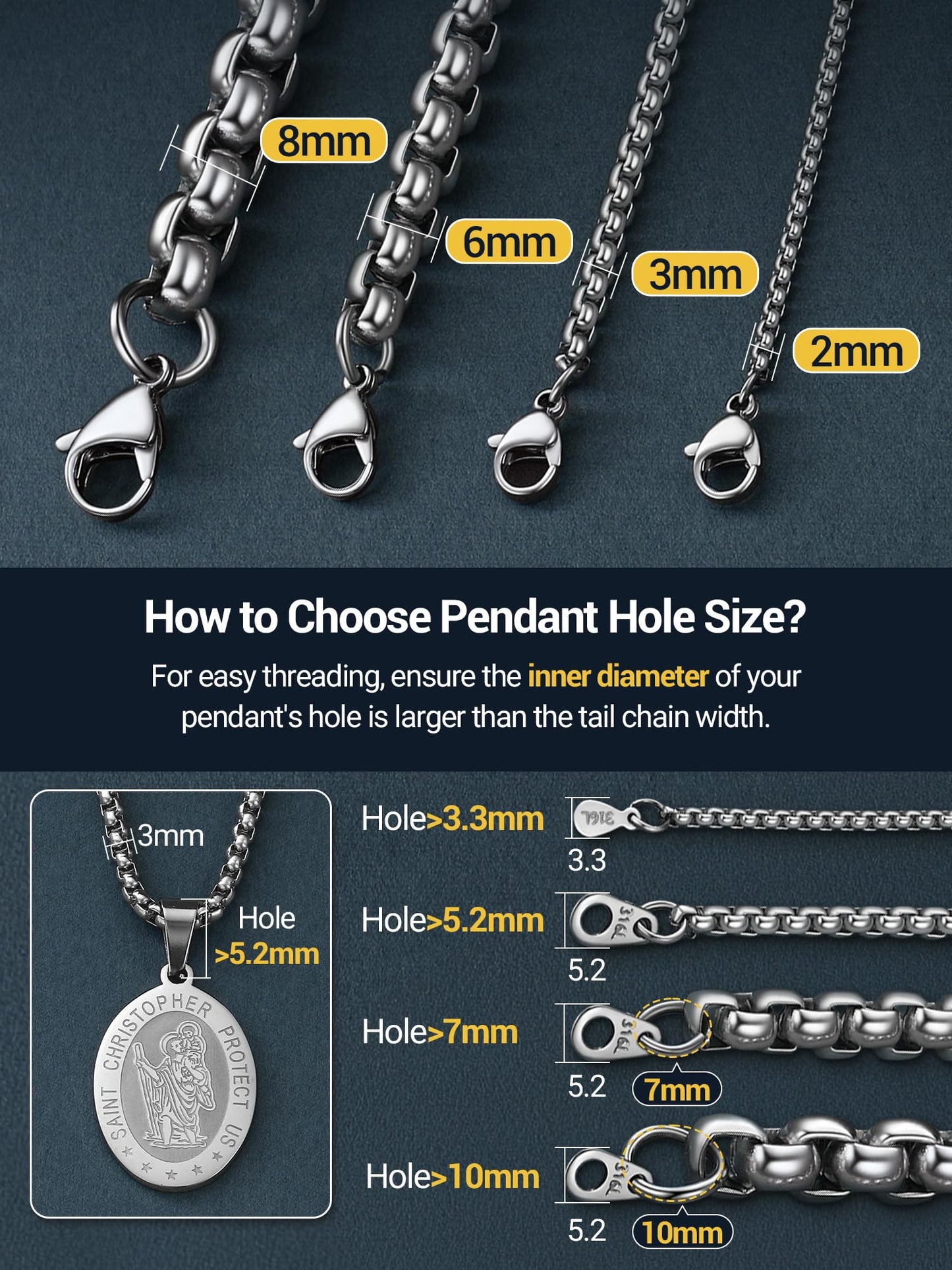PROSTEEL Squre Rolo Link Chains, Stainless Steel Chain Necklace Waterproof & Strong Lobster Clasp 6mm Link Chains for Men and Women Jewelry with Gift Box 18in