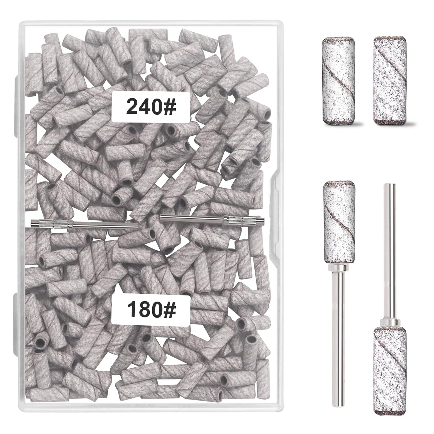 BLESWIN 200pcs #180#240 Grit Small Sanding Bands for Nail Drill with 2pcs 3/32’’ Upgrade Mandrels Bits, Mini Sanding Bands for Nail Drill for Manicure Nail Salon and Nail Enthusiasts Use – White