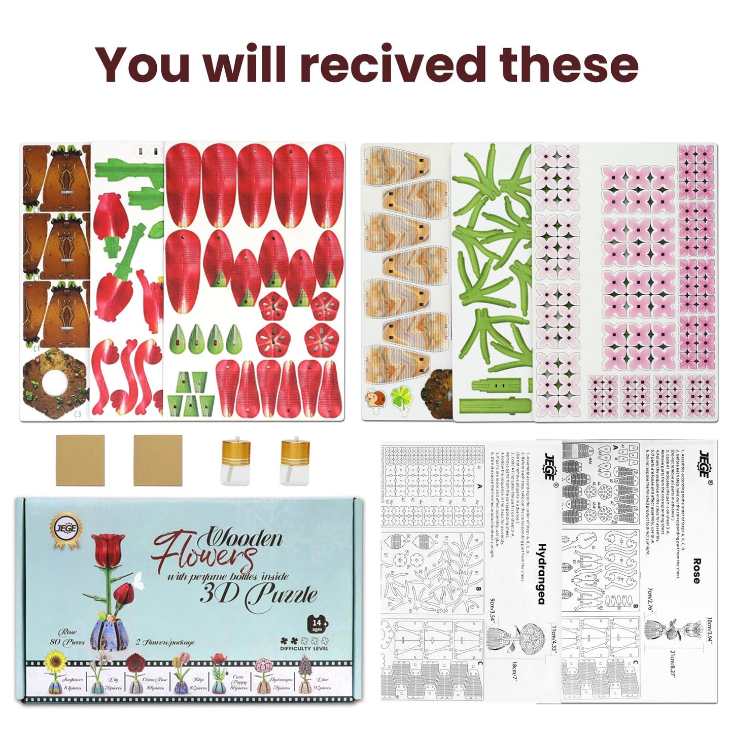 Jege 3D Flower Wooden Puzzles for Adults, DIY Building Set with 2 Flowers, 2 Perfume Bottles & Diffuser Sticks, Creative Craft Gifts & Home Decor (Rose + Hydrangea)