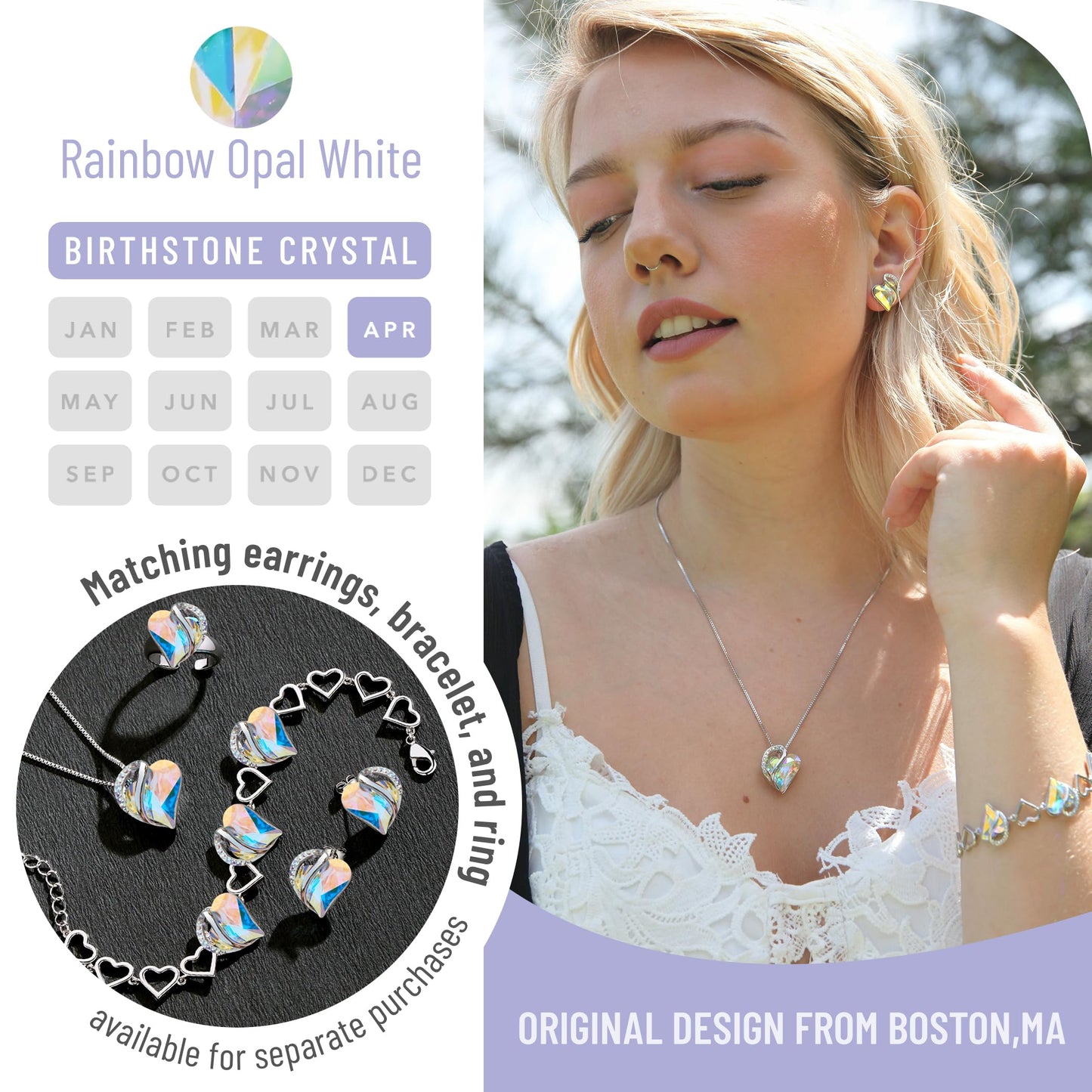Leafael Gift Necklaces for Women, Infinity Love Bithstone Heart Pendant with Opal White Crystal for April, Birthday Jewelry for Her, Mom, and Wife, Silver Plated, 18" + 2" Chain