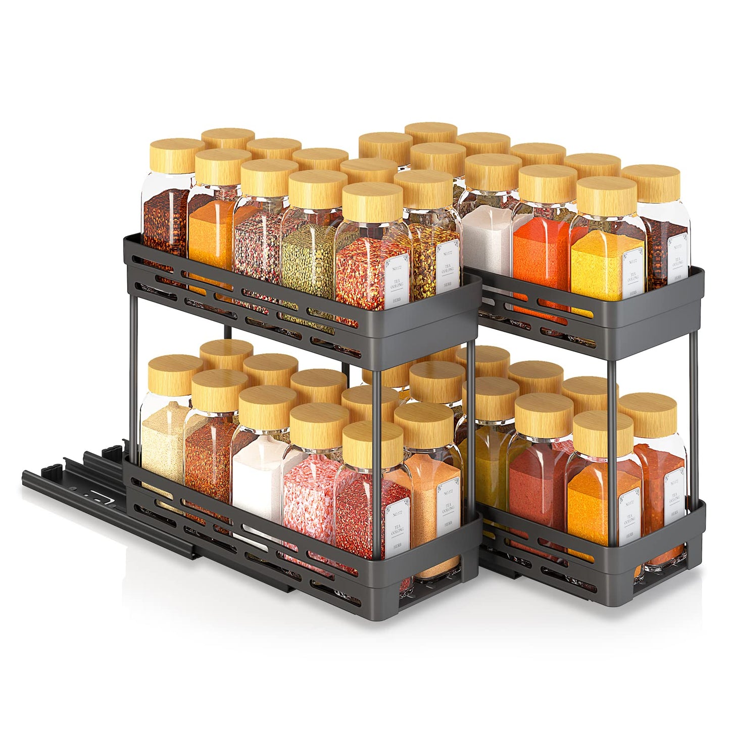 Pull Out Spice Rack Organizer for Cabinet, 3 Packs Slide Out Spice Racks Organizer, Spice Cabinet Organizers, Cabinet Size Need:12'' Highx11'' Deepx5'' Wide,Each Tier Hold 10 Spice Jar - 2 Tier, Black