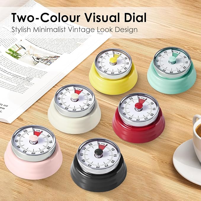 Visual Timer, Teeloray 60-Minute Countdown Timer, Kitchen Timer with Magnetic Base, Mechanical Clockwork, Ringer Alert, Time Management Tool for Children and Adults, Study/Work/Cooking (Red)