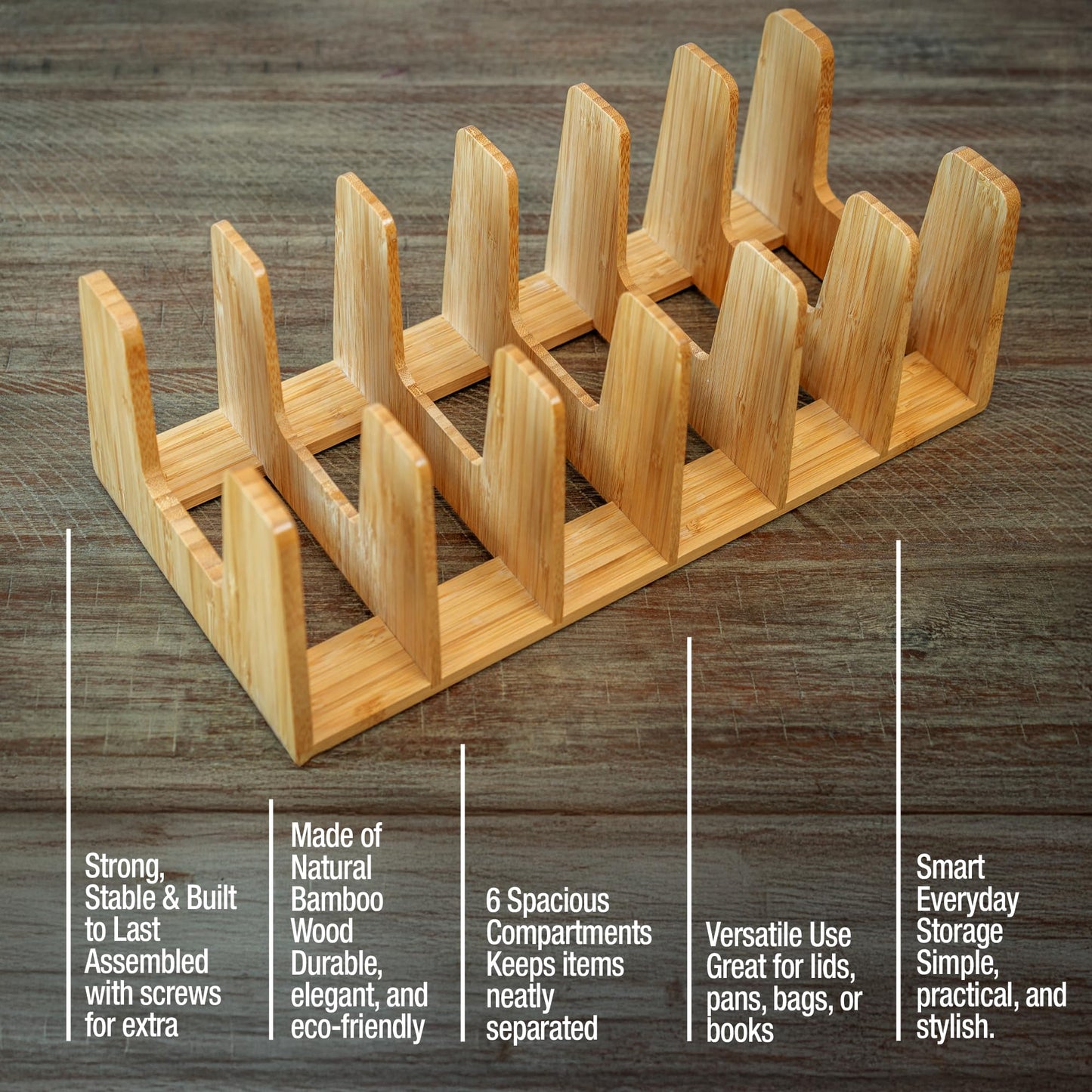 KANDOHAUS Kitchen Cabinet Organizer - Sturdy Bamboo Pot and Pan Organizer for Inside Cabinet - Multiuse Lid Organizer - Durable & Minimalist Kitchen Cabinet Organizer