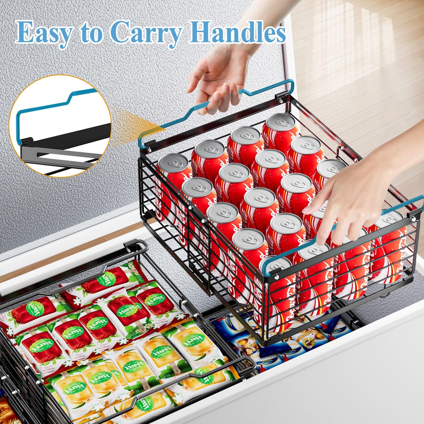 OdoVow Freezer Organizer Bins, 2 Packs Large Expandable Stackable Chest Freezer Containers with Handle, Metal Adjustable Storage Baskets for Fridge, Deep Freezer, Cabinet, Kitchen, Pantry - Black
