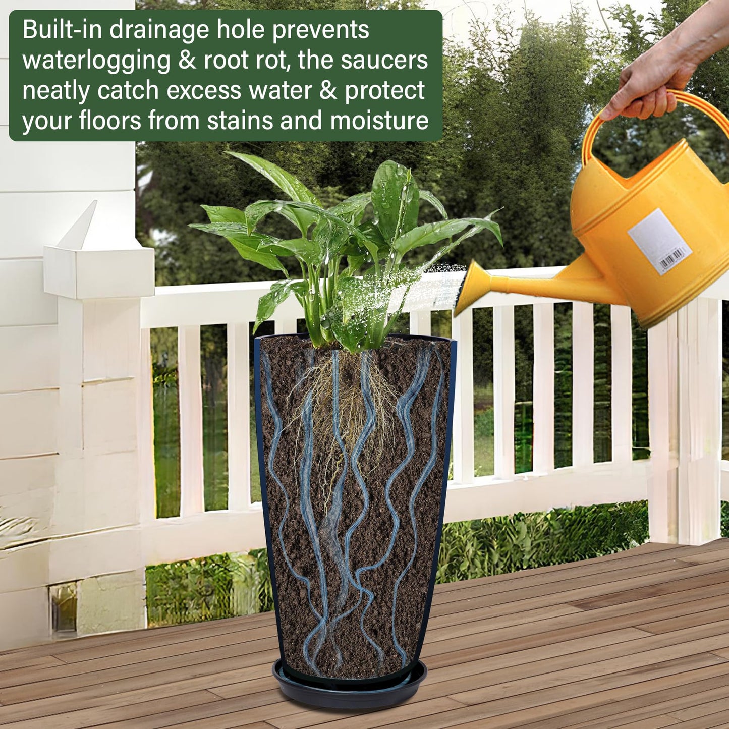 Neoaider Set of 2 Lightweight Ceramic-Look Tall Planter, 21 inch Large Plastic Planter with Drain Hole & Saucers, Large Outdoor Planters for Porch, Garden, Patio, Balcony(Dark Blue)