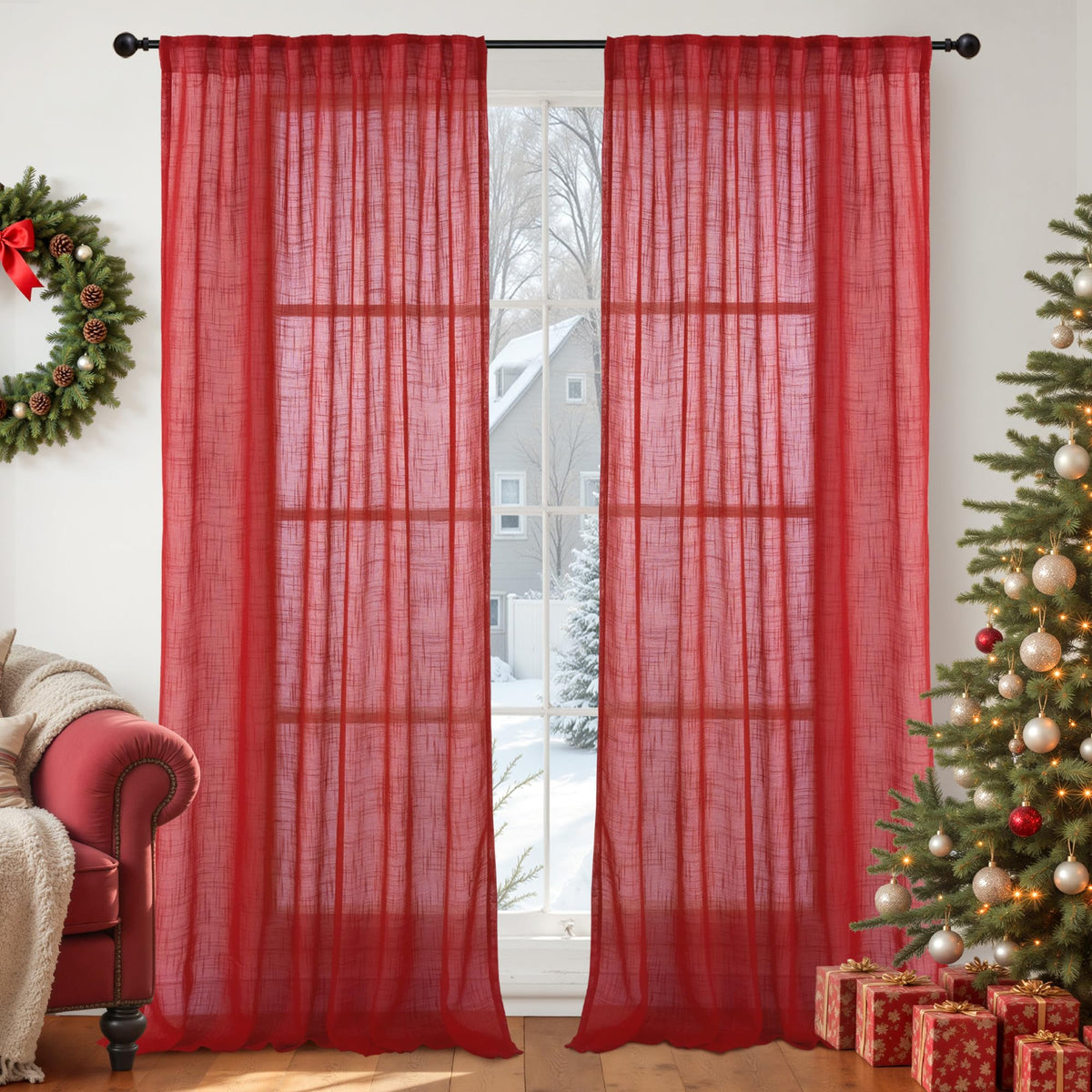 Red Linen Semi Sheer Curtains 84 Inch Length (2 Count)