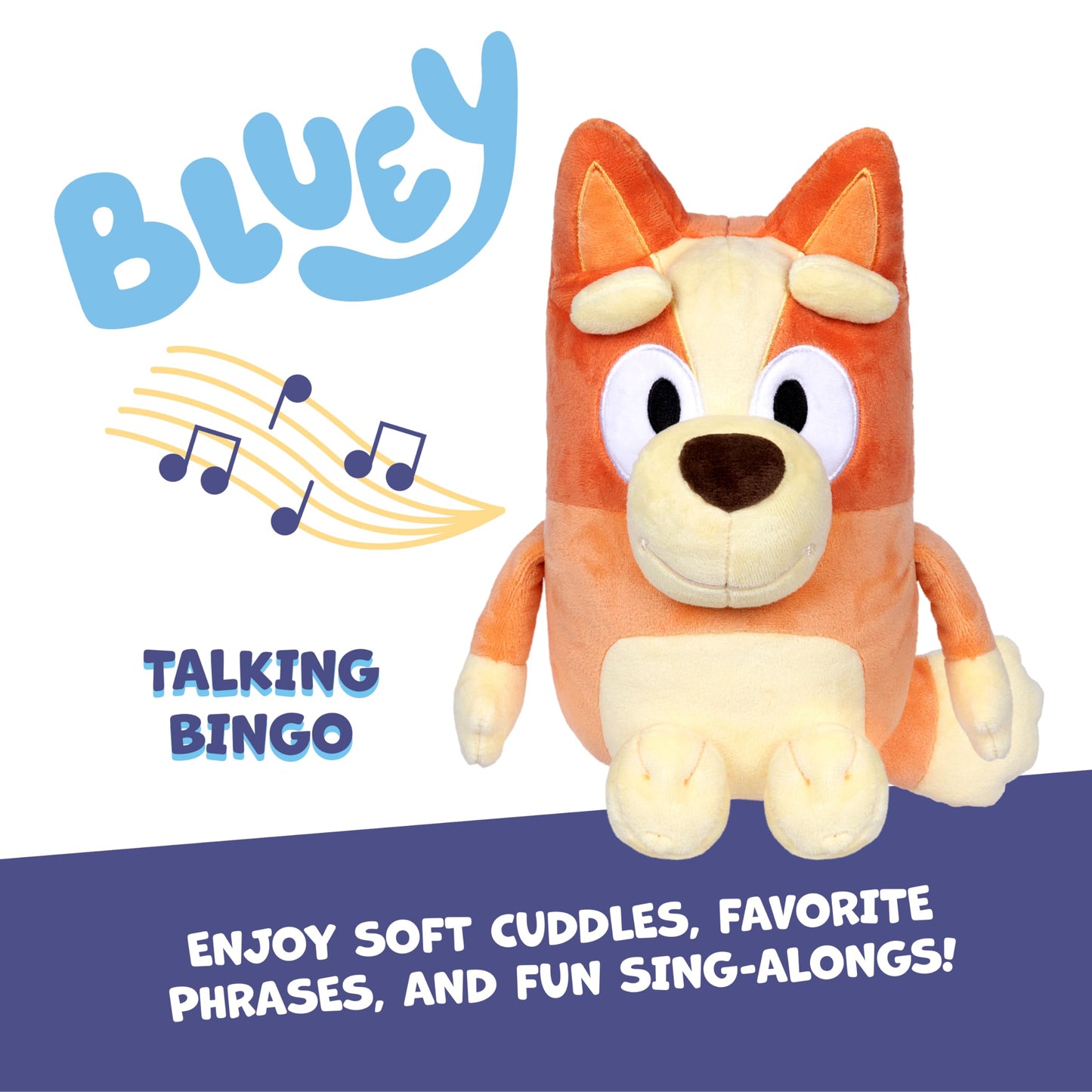 Bluey Sound Effects Talking Bingo Plush Toy, 13” Soft Bingo Toy, Interactive Stuffed Animal with 9 Different Phrases, Musical Toys for Kids