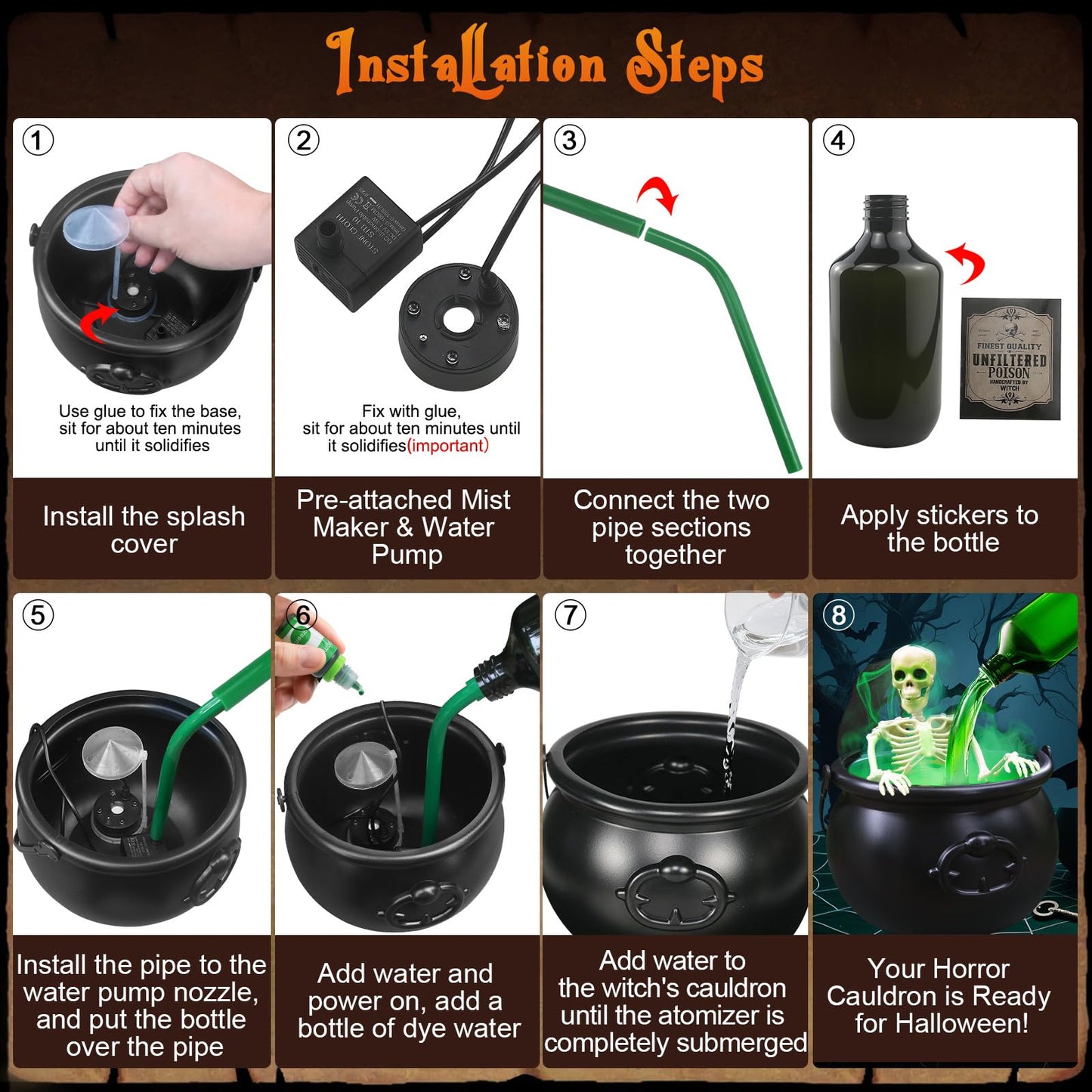 Halloween Decorations - Cauldron Halloween Decor with Magic Floating Potion Bottles Fog Diffuser Spooky Skeletons & Black Plastic Witches Bowl for Indoor Outdoor Party/Table/Mantel/Kitchen Decor
