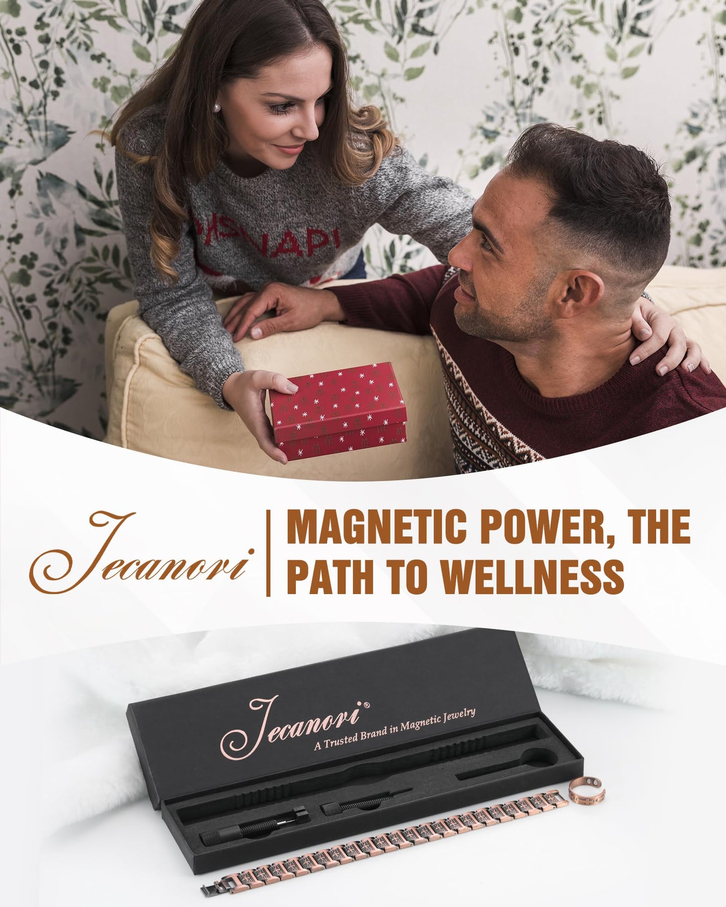 Jecanori 2X Copper Magnetic Bracelet for Men,Ultra Strength Cross Bracelet With Ring Include Adjustable Link, Jewelry Gift