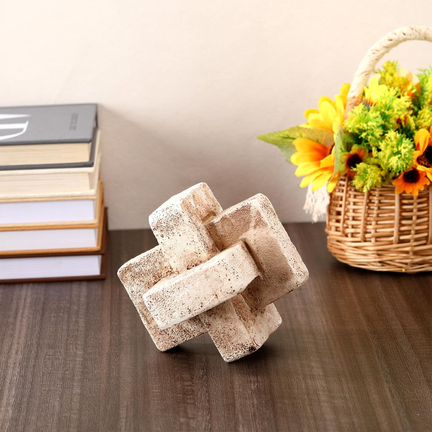 Yalikop 3 Link Knot Decor 5 Inch Dia Hand Carved Decorative Knot Natural Brown Resin Chain Link Decor, Modern Shelf Entryway Objects for Home Living Room Farmhouse Bedroom