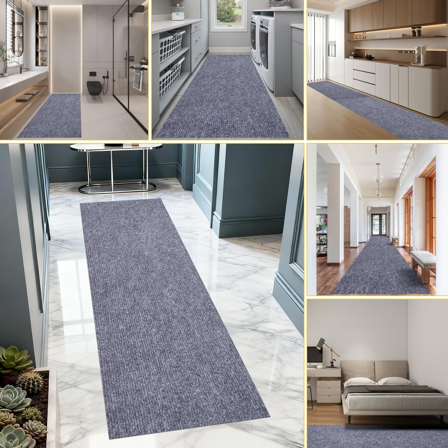 Extra Long 3x10 ft Runner Rug for Hallway, Non-Slip Indoor Outdoor Carpet with TPR Backing, Durable Waterproof Mat for Kitchen, Patio, Balcony, Garage, Deck, Entryway, Stair, Grey Fine Stripes