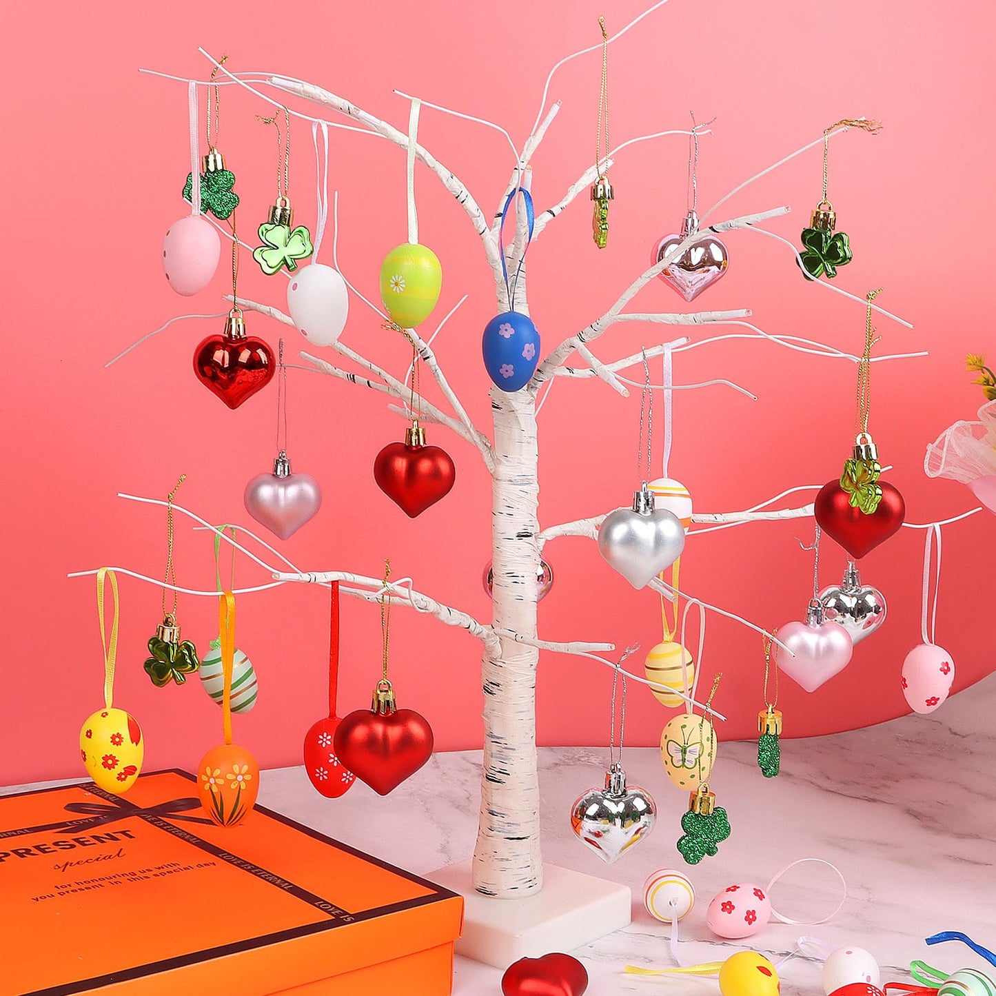 CCINEE 72pcs Easter Egg Hanging Sets for Easter Holiday Decorations, Shamrock Mini Hearts Valentine's Day Heart Shaped Ornaments for Tree St Patricks Day Party