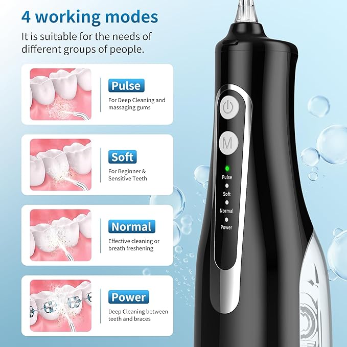 Cordless Oral Irrigator - 4 Modes Water Flosser for Teeth Cleaning, 300ML Reservoir, 360° Nozzle, IPX7 Waterproof, 2000mAh Rechargeable Battery, 4 Jet Tips, Smart Memory Function (M149 - Black)