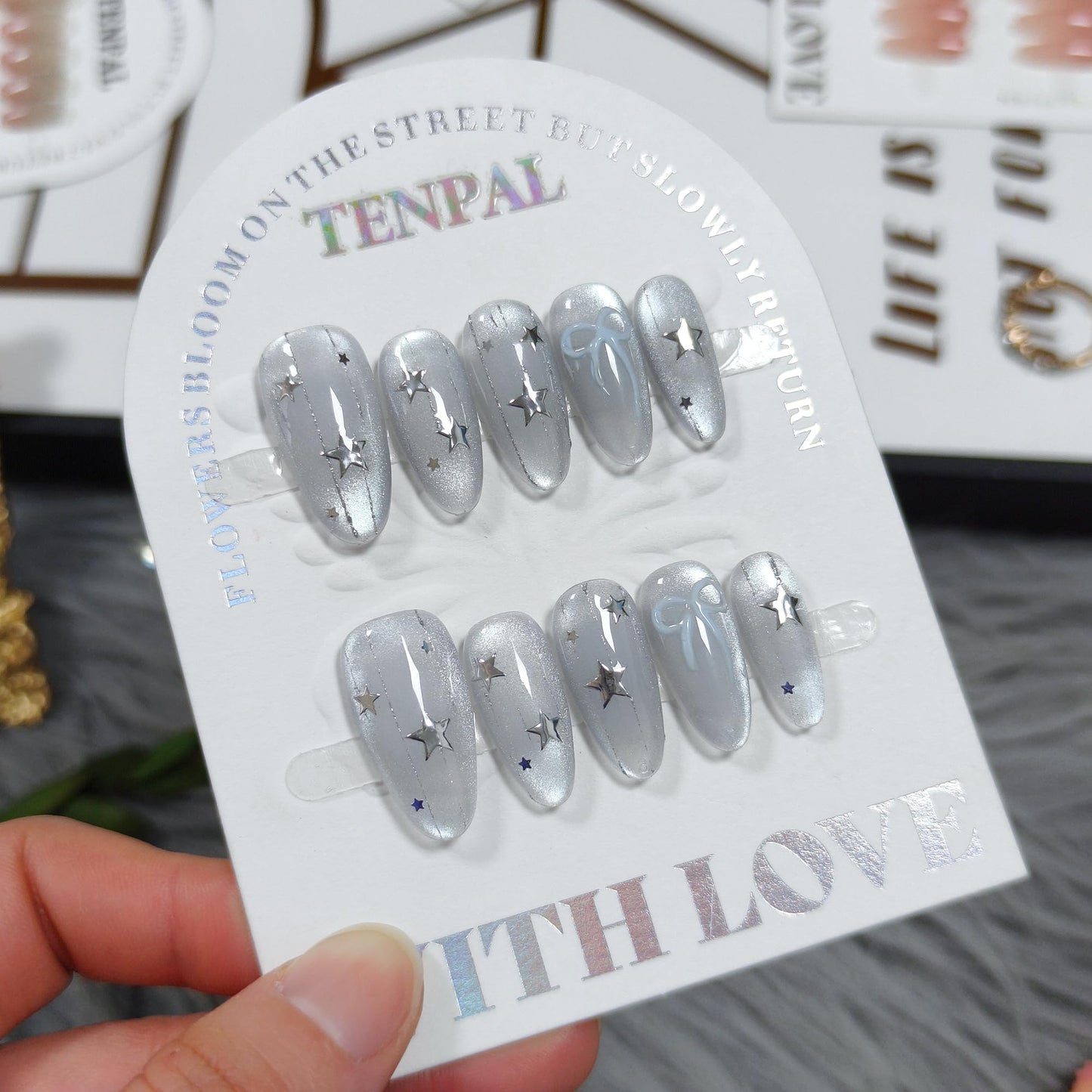 TENPAL Icy Blue Glass Bead Cat Eye Press on Nails Medium Oval with Starlight Bow, Blushing Ombre & Handmade, Reusable Sheer Celestial False Nails for Daily Aura(XS)