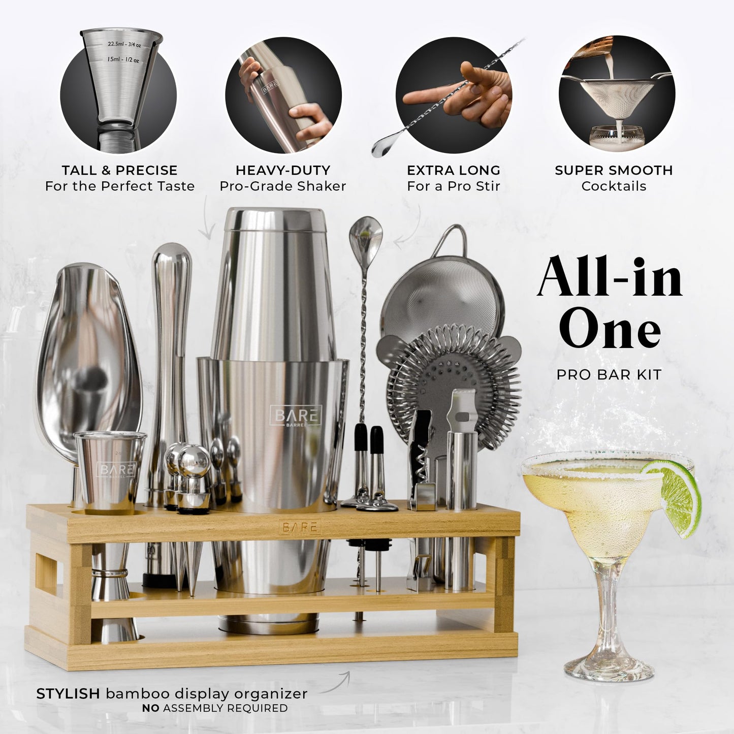 BARE BARREL® Mixology Bartender Kit Bar Set | 16-Piece Cocktail Shaker Set | Martini Barware Mixing Tools for Home Bartending | Incl. 35 Recipe Cards | Gift Set (28oz Boston Shaker, Silver/Natural)