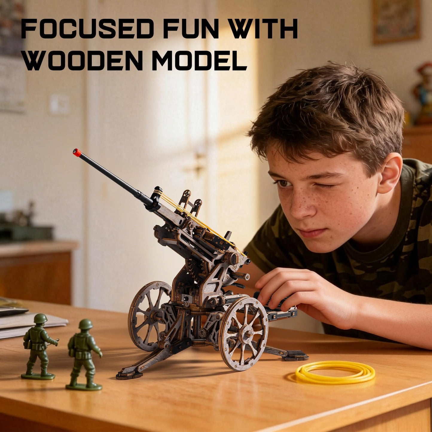 ROKR Anti-Aircraft Gun 3D Wood Puzzle for Adults - Mechanical Rubber Band Shooting Model Kit, DIY Building Set for Teens and Hobbyists, Desktop Decor