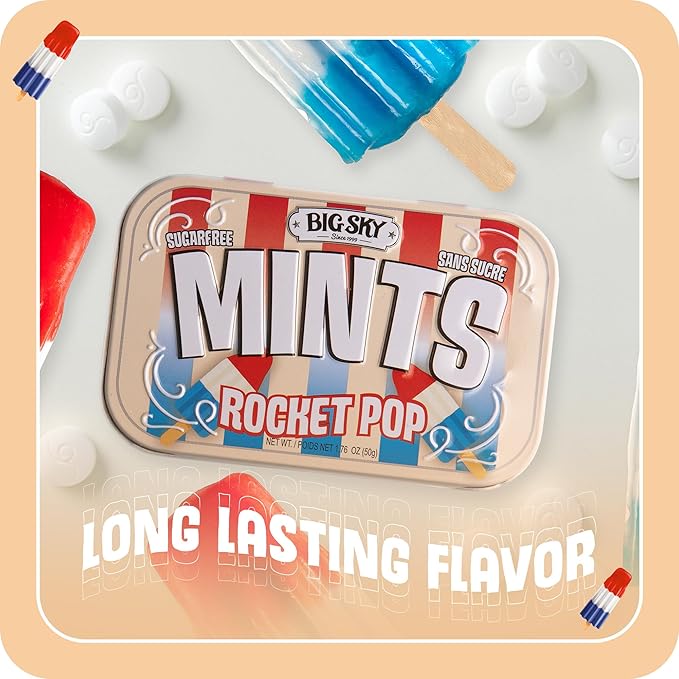 Big Sky Sugar Free Mints Rocket Pop | No Artificial Colors or Flavors | Kosher, Vegan, Gluten Free | Aspartame & Xylitol Free | 50 Count Tin (Pack of 6)