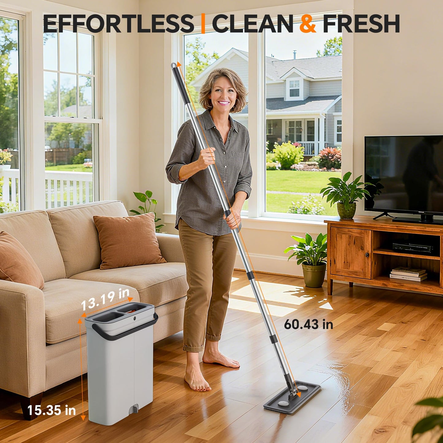 POPMOP Compact Floor Mop and Bucket - Flat Mop and Bucket with Wringer Set Hands Free | Wet Dry Mop for Apartment, Tiny Home, RV, Windows, Wall, Hardwood, Vinyl, Floor with 6 Microfiber Cloths