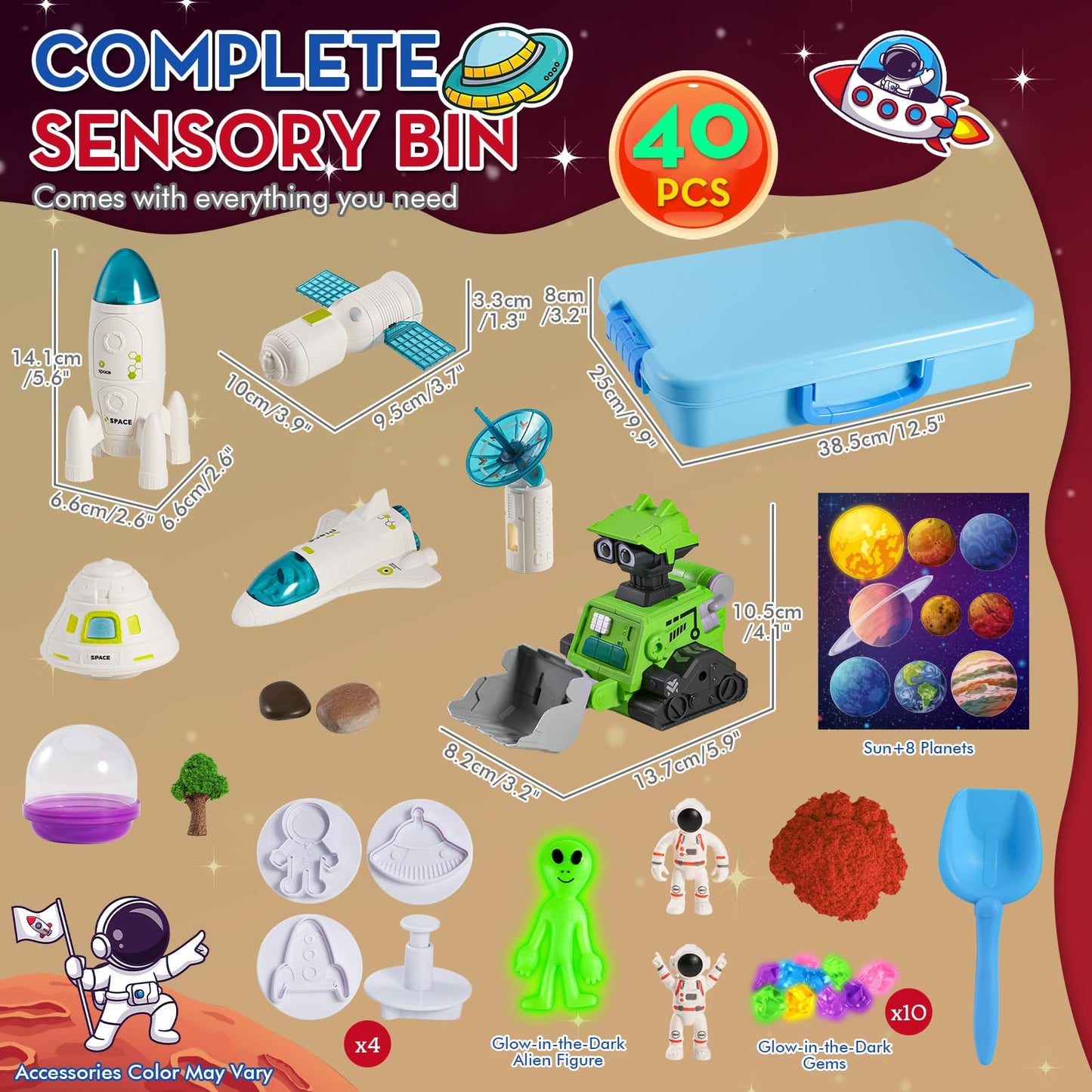 KNASON Outer Space Sensory Bin,Play Sand Kit for Boys with 2.2lbs Sand,Glow in The Dark Alien and Gems,Space Science Kits Sandbox Toys Preschool Toddler Activities Christmas Gift for Kids Ages 3-8