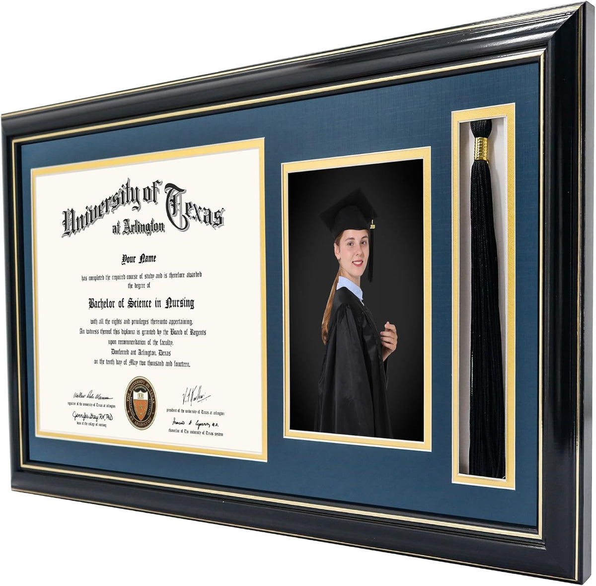 GraduationMall 11x22 Black Diploma Frame with Tassel Holder and Picture for 8.5x11 Certificate 5x7 Photo,Tempered Glass,Navy over Gold Mat