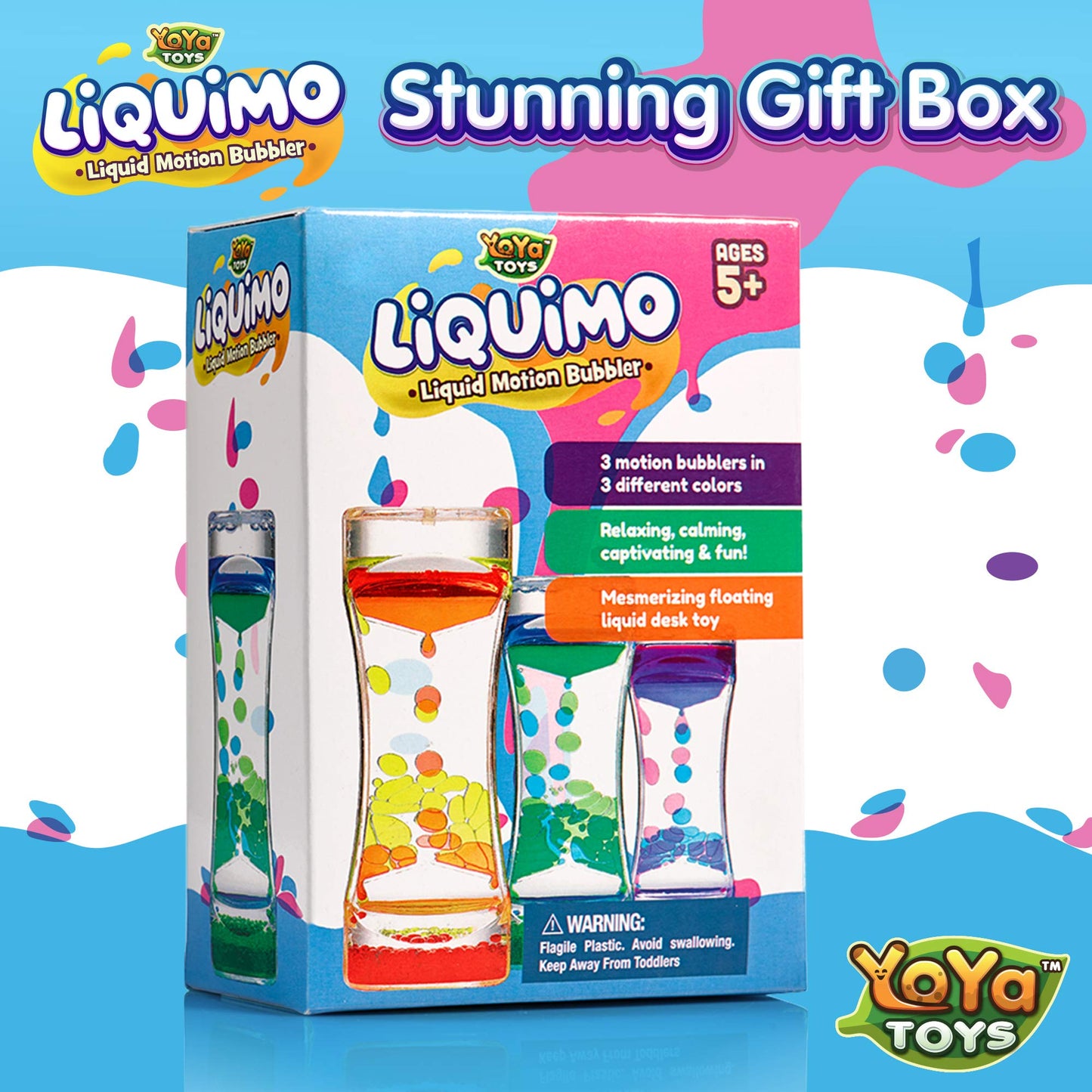 YoYa Toys Liquimo - Liquid Motion Bubbler - 3 Pack - Sensory Fidget Desk Toy for Kids & Adults - Relaxing Hourglass Timer Tubes - Calming Visual Play for School, Home, Office, Stress Relief and Focus