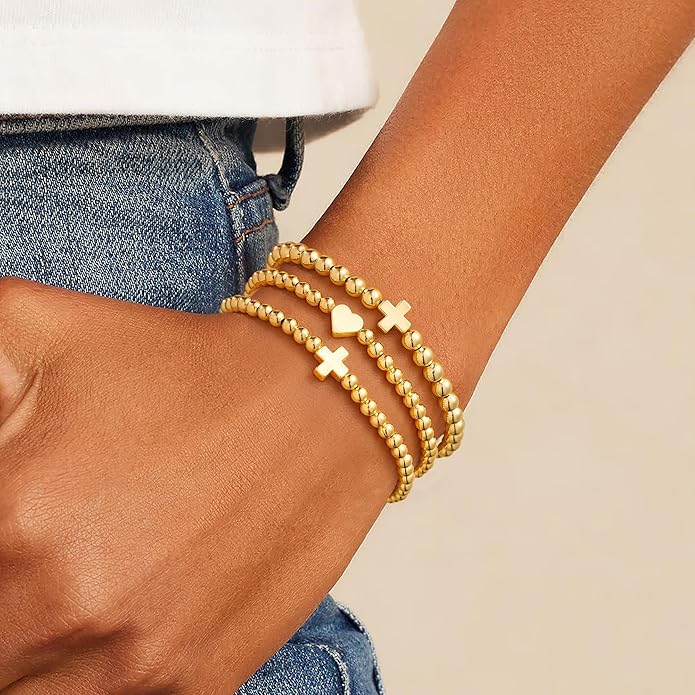 M MOOHAM Gold Beaded Bracelets for Women - 14k Real Gold Plated Beaded Pearl Bracelet Set Stack for Women Trendy Non Tarnisn, Adjustable Stretch Bracelet Jewelry Gifts for Teen Girls Women
