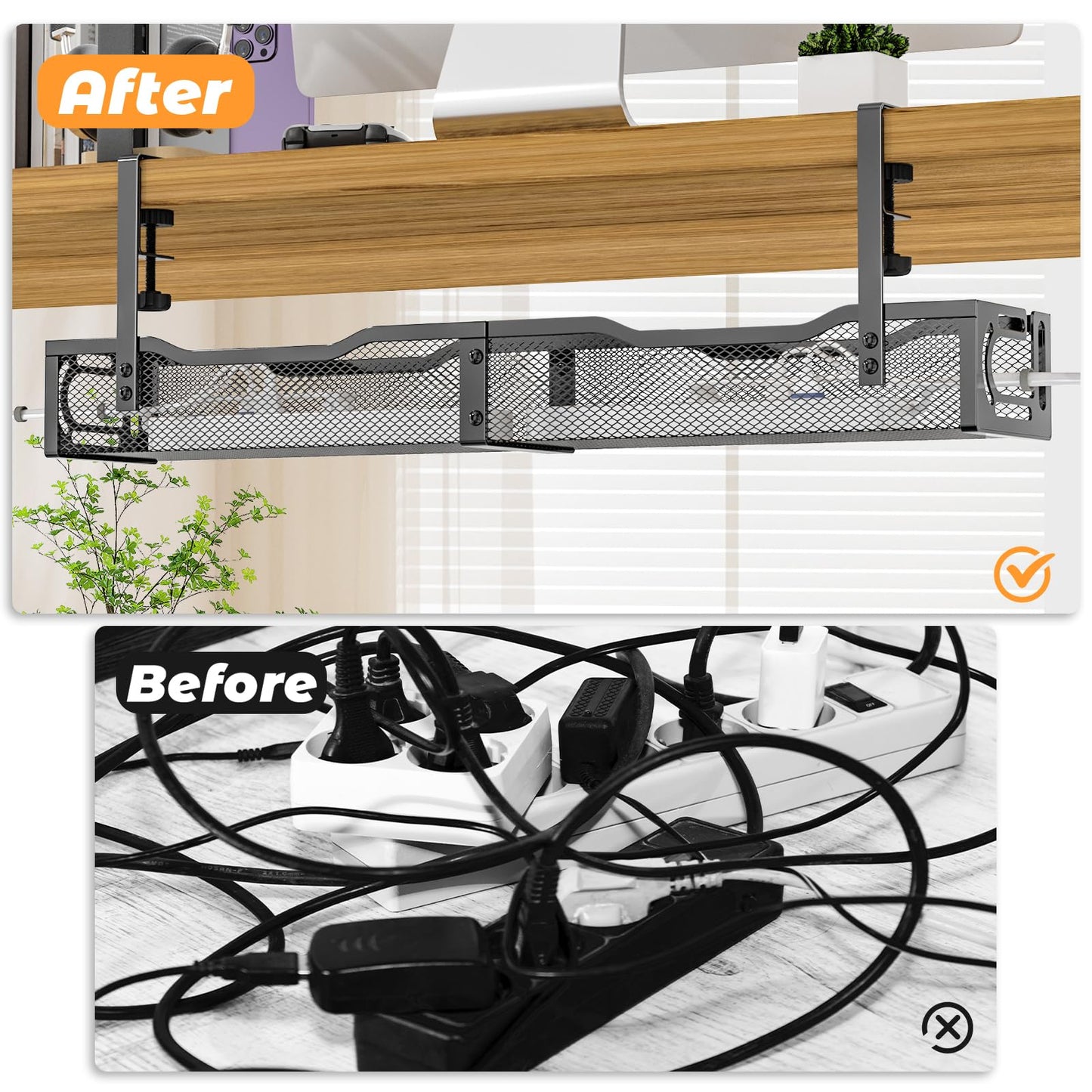 Under Desk Cable Management Tray, No Drill Steel Desk Cable Organizers, Wire Management Tray Cable Management Rack (24.4" Length-Black)